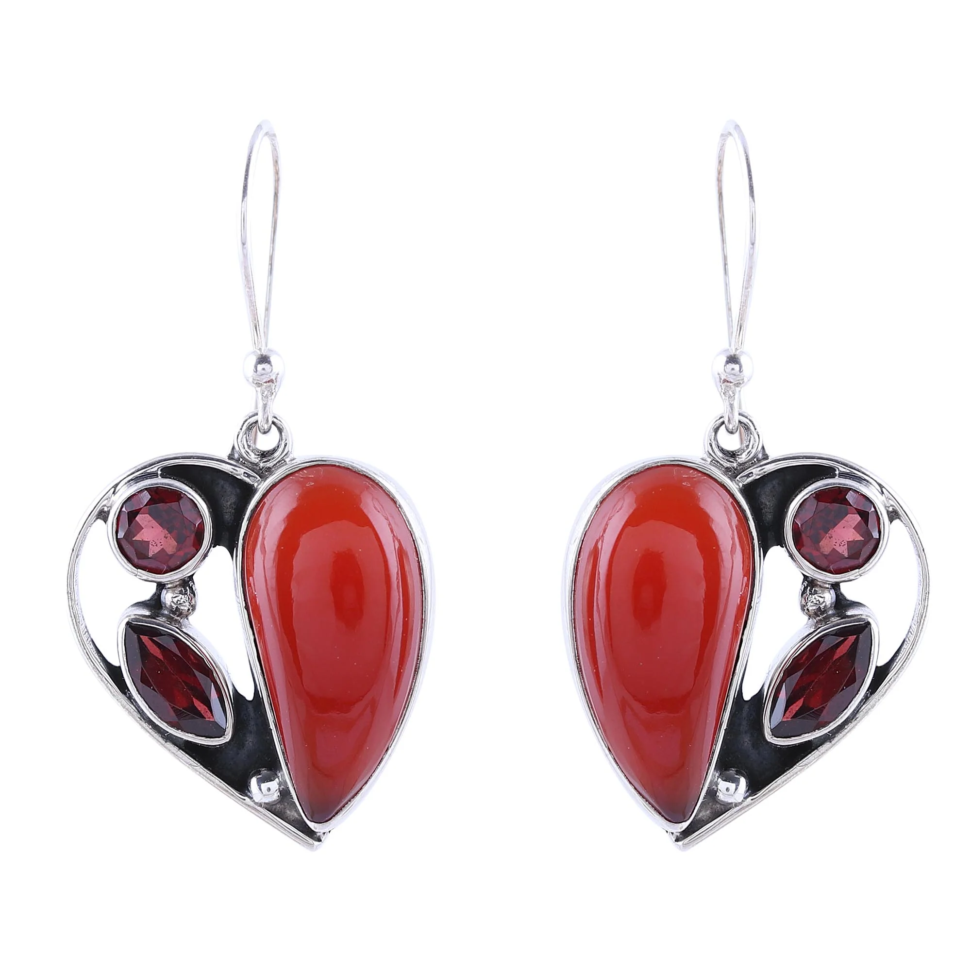Red Hearts Carnelian and Garnet Heart Earrings from India - Image 2