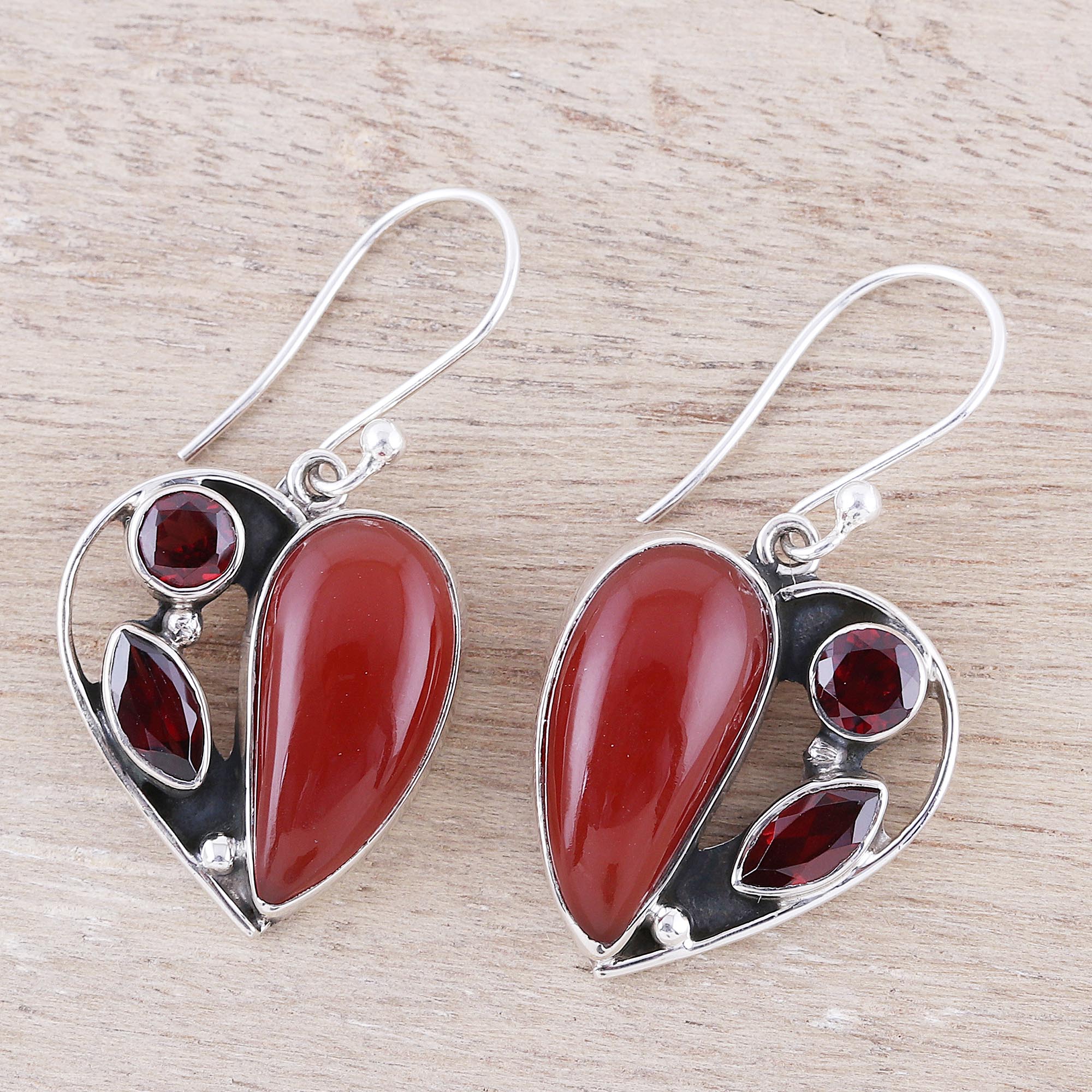 Red Hearts Carnelian and Garnet Heart Earrings from India - Image 3