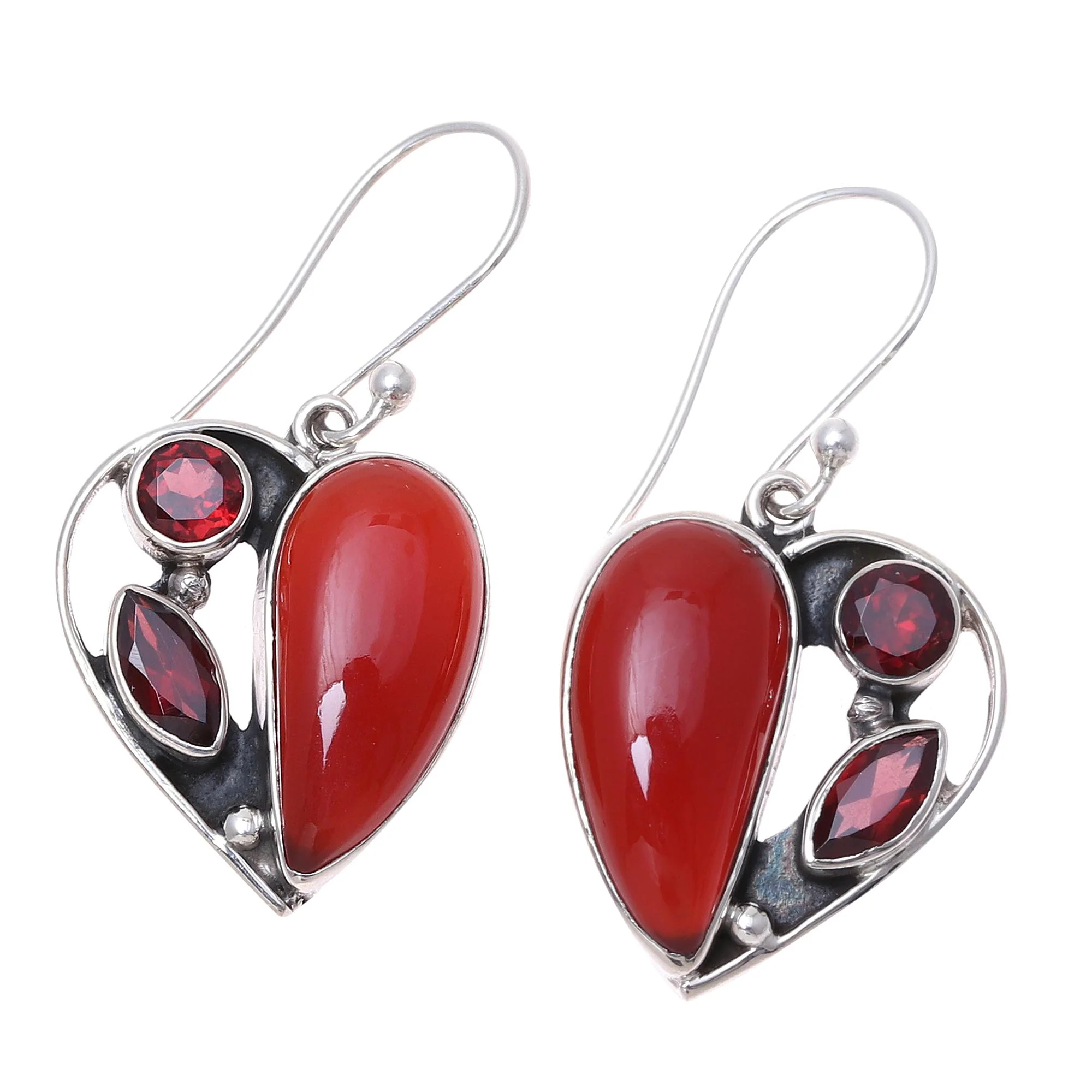 Red Hearts Carnelian and Garnet Heart Earrings from India - Image 4