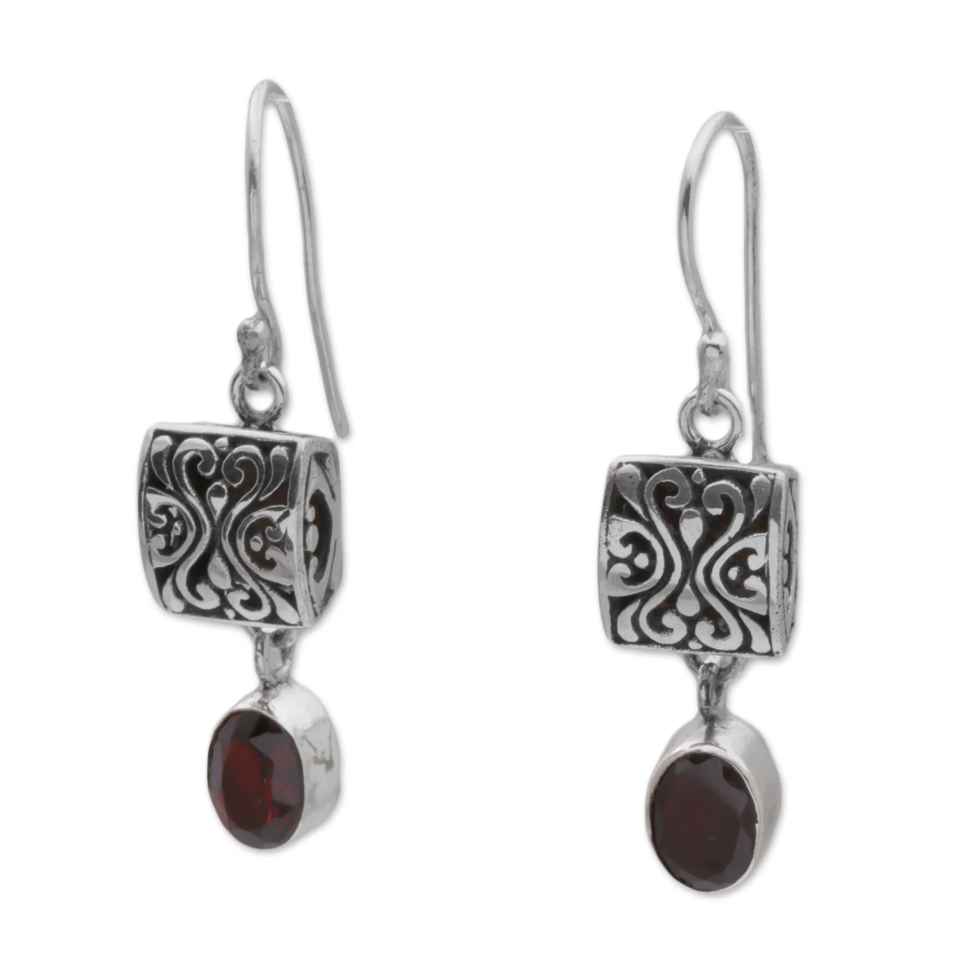 Red Horizon Sterling Silver and Garnet Dangle Earrings from Bali - Image 2