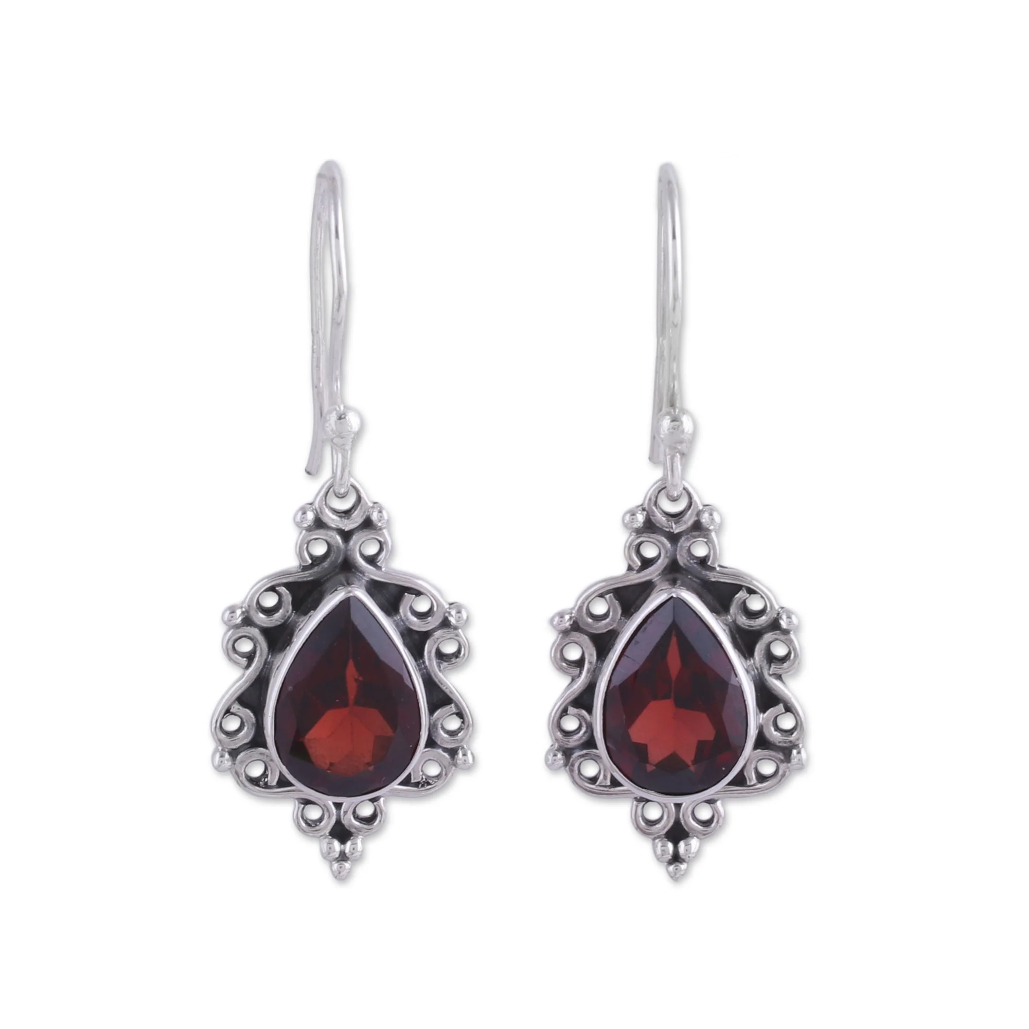 Red Intricacy Sterling Silver and Garnet Dangle Earrings from India - Image 2