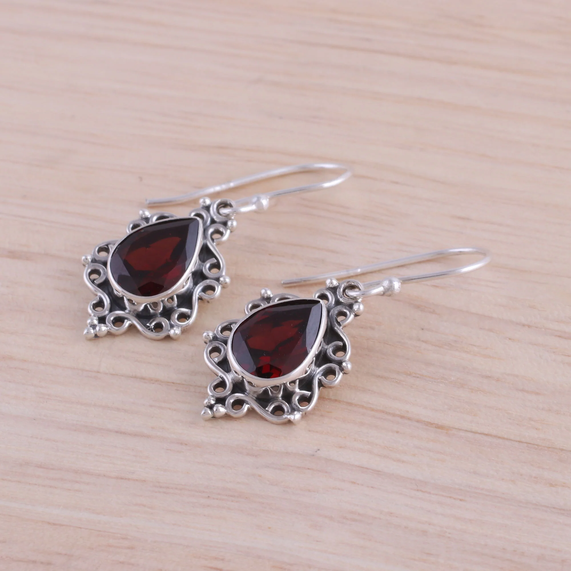 Red Intricacy Sterling Silver and Garnet Dangle Earrings from India - Image 3