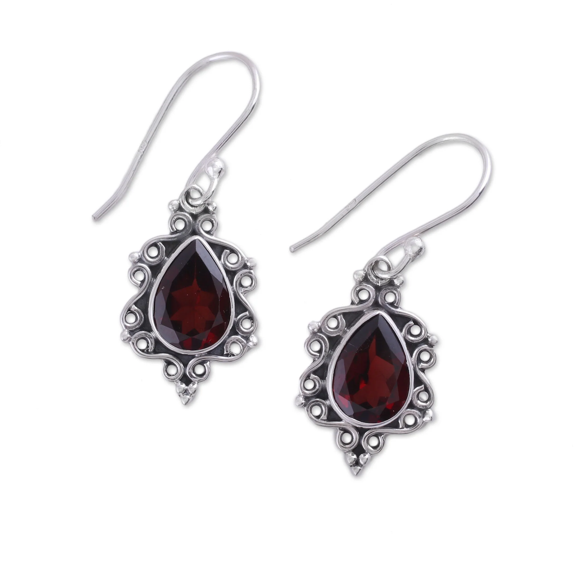 Red Intricacy Sterling Silver and Garnet Dangle Earrings from India - Image 5