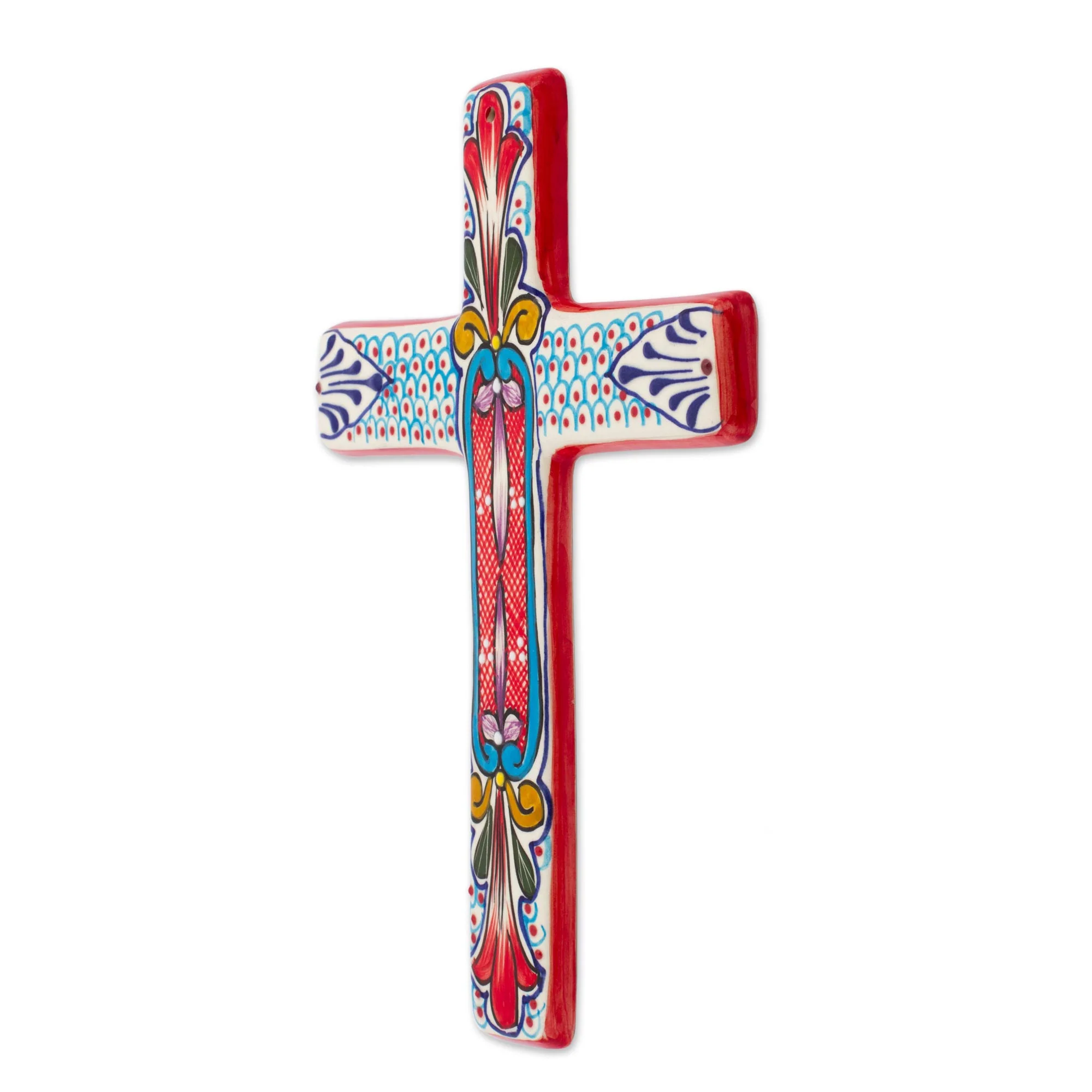 Red Lily Ceramic Wall Cross with Multicolored Motifs from Mexico - Image 4