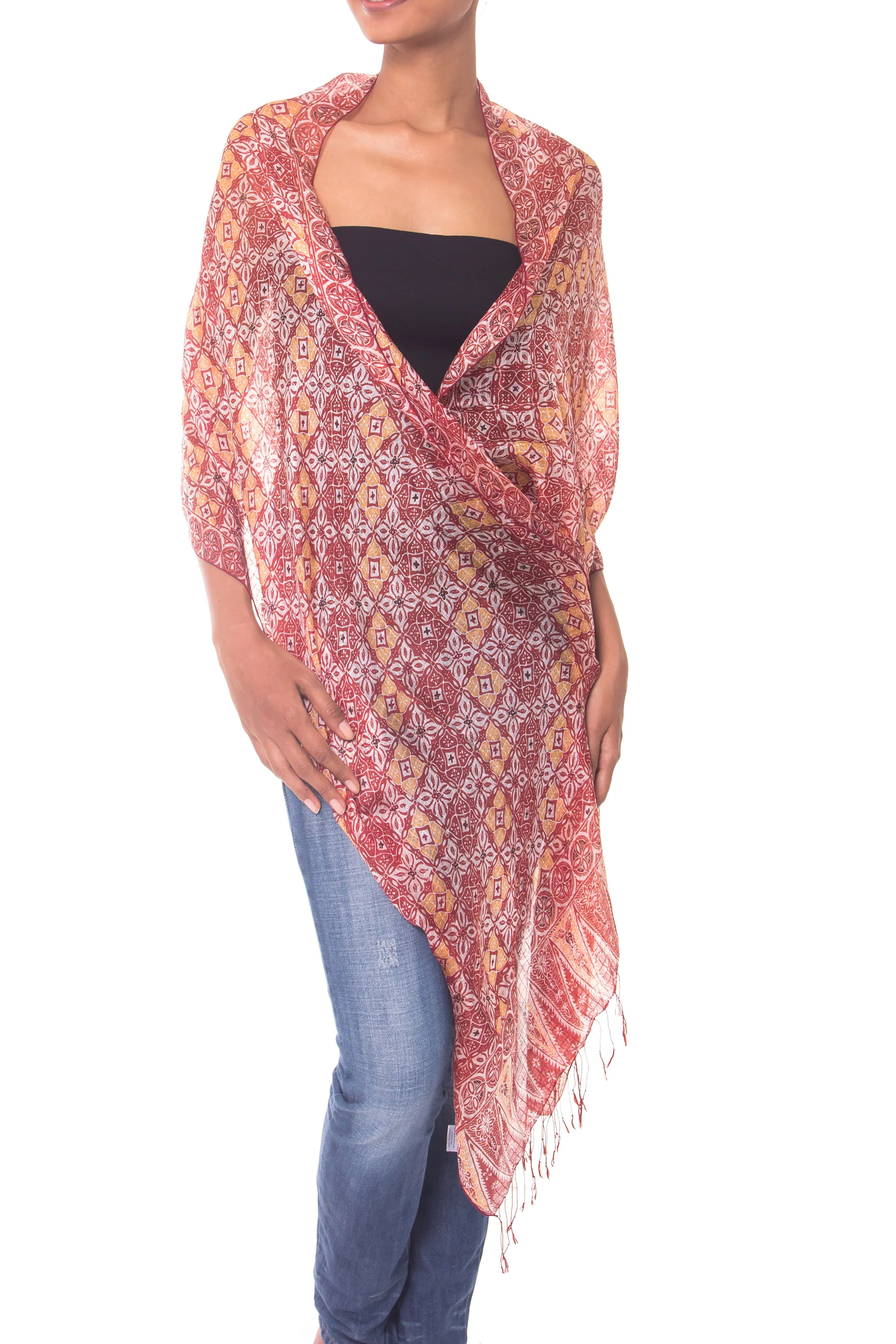 Red Lotus Floral Hand Crafted Batik Silk Shawl - Image 4