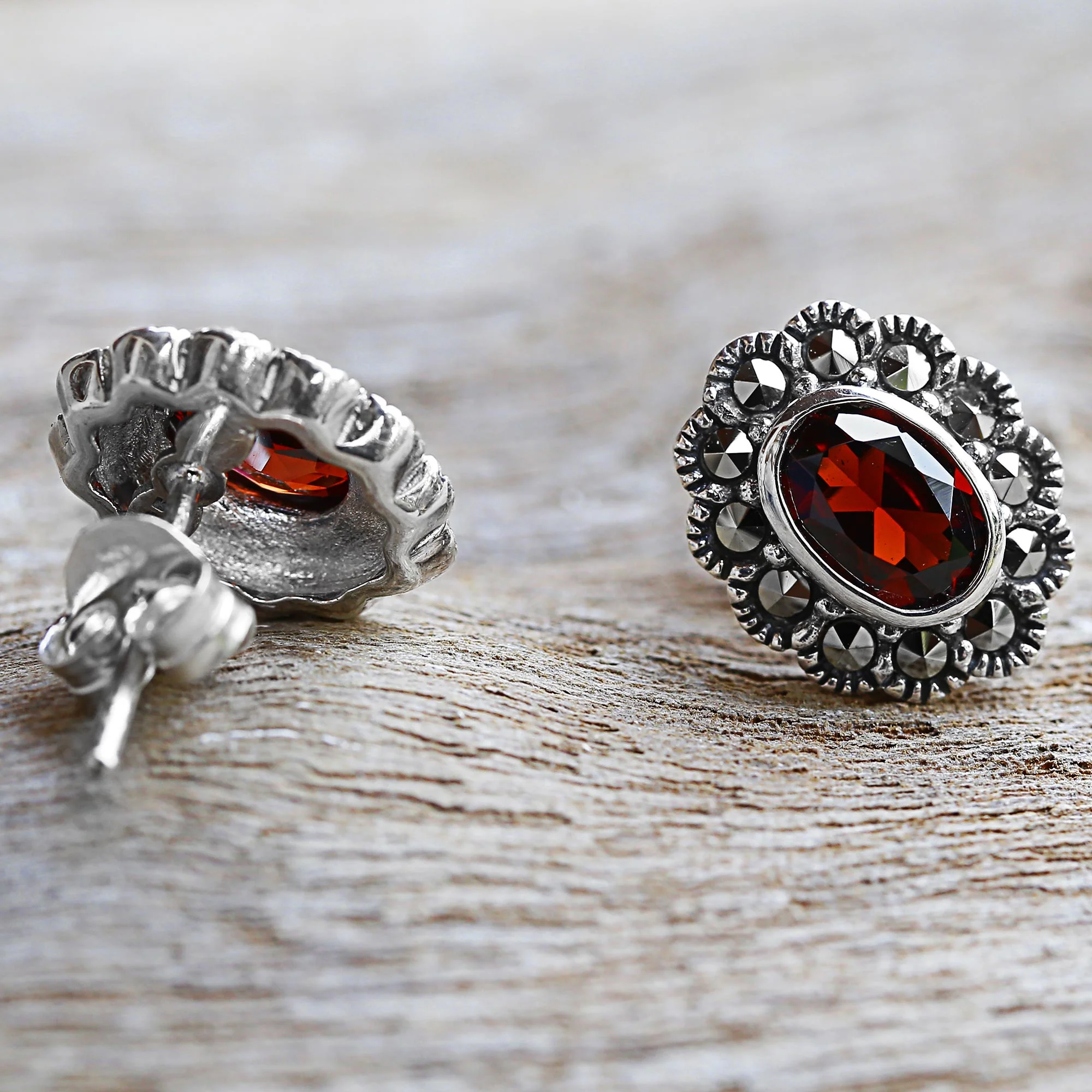 Red Lotus Flowers Garnet and Marcasite Stud Earrings from Thailand - Image 4