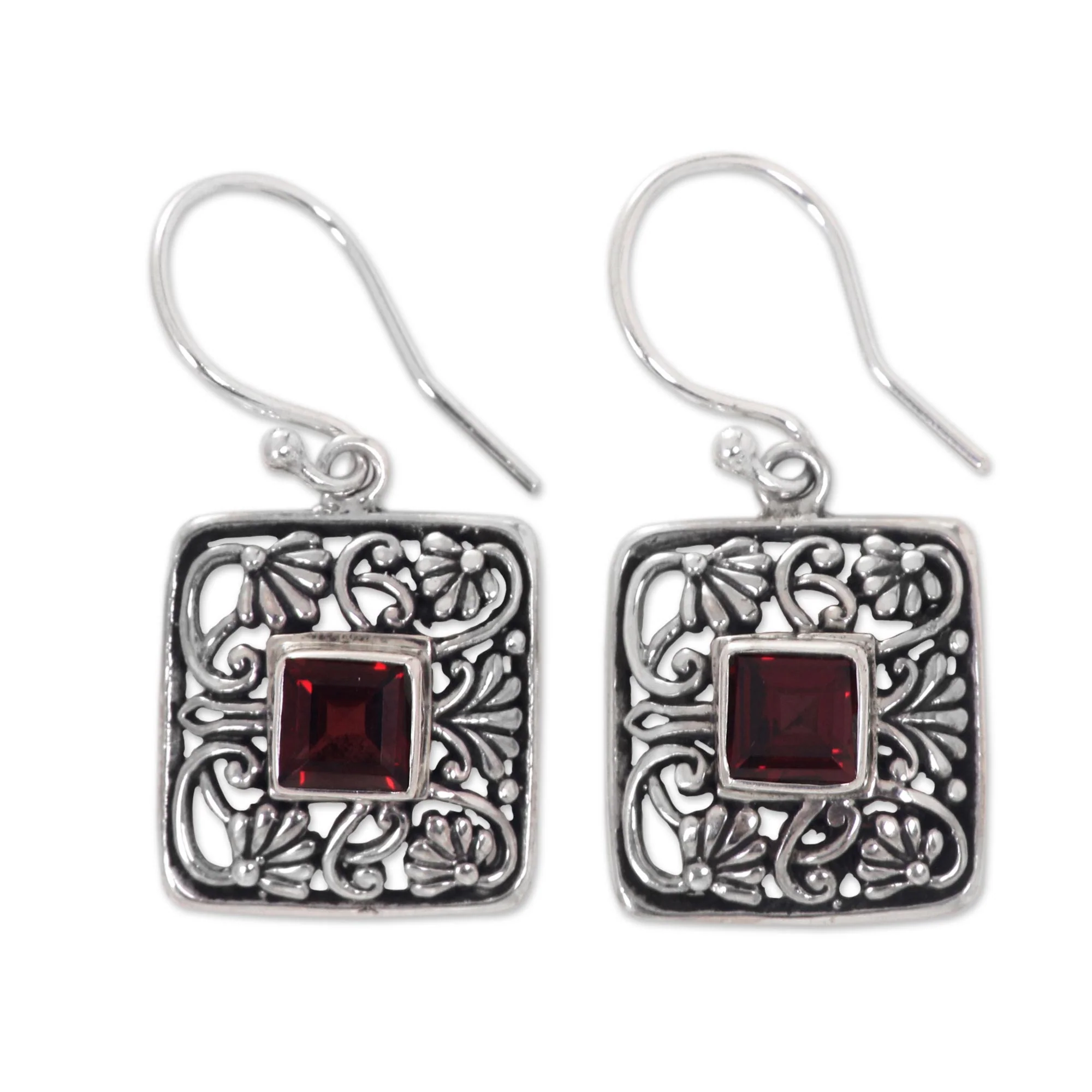 Red Lotus Pond Garnet Handcrafted Balinese Sterling Silver Earrings - Image 2