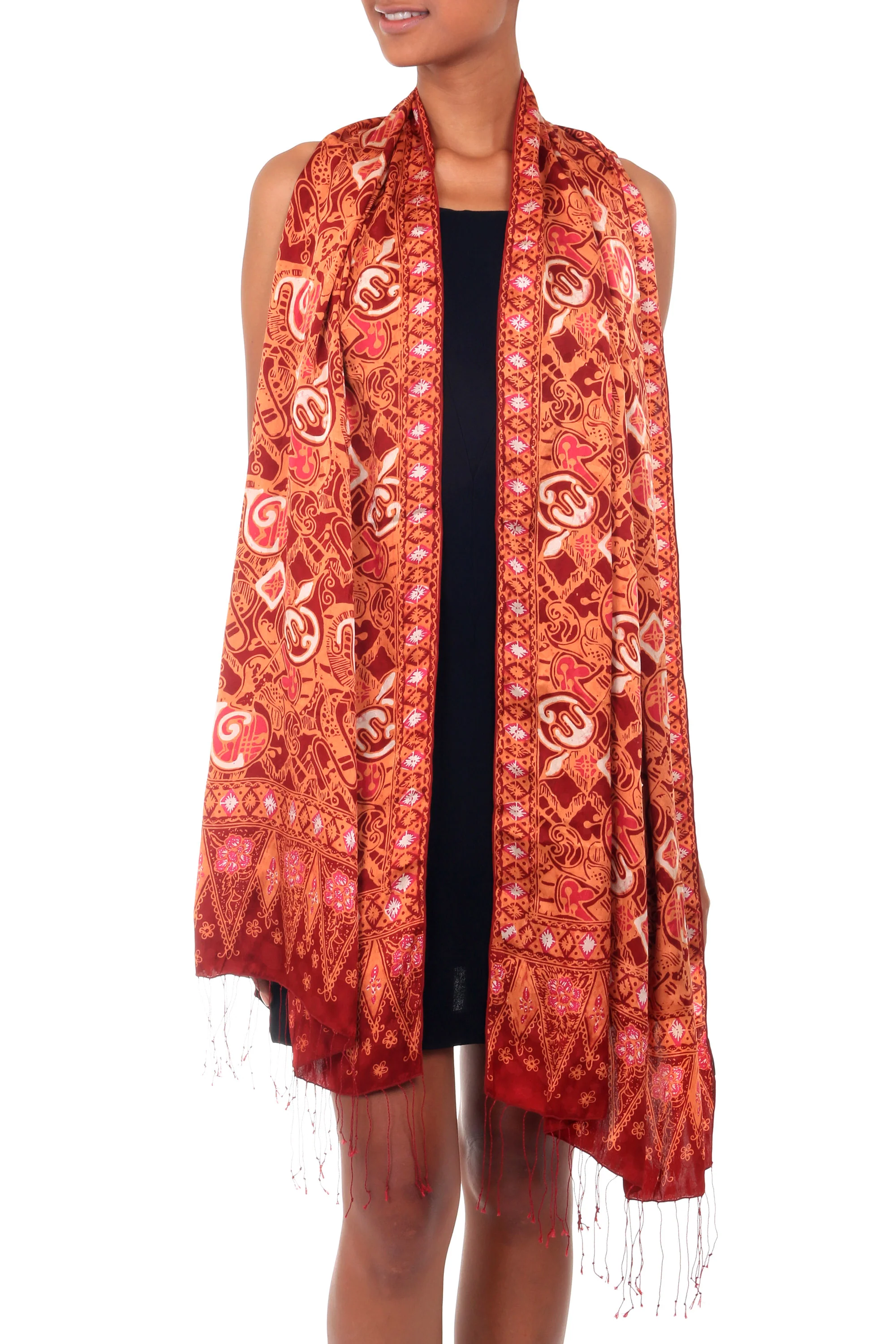 Red Modern Art Handmade Silk Batik Shawl - Image 3