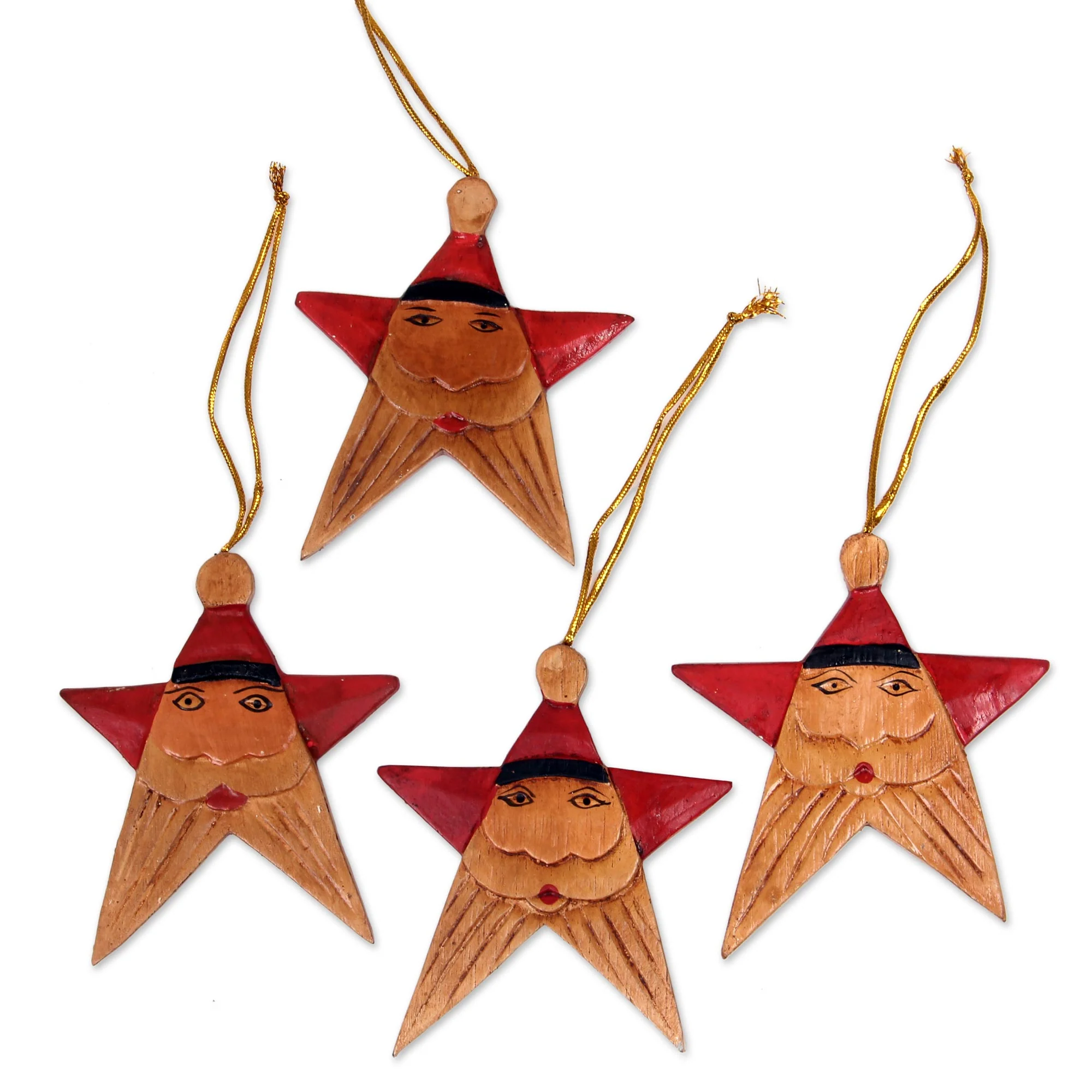 Red Santa Stars Santa Claus Star Wood Ornaments Handmade in Bali (Set of 4) - Image 2