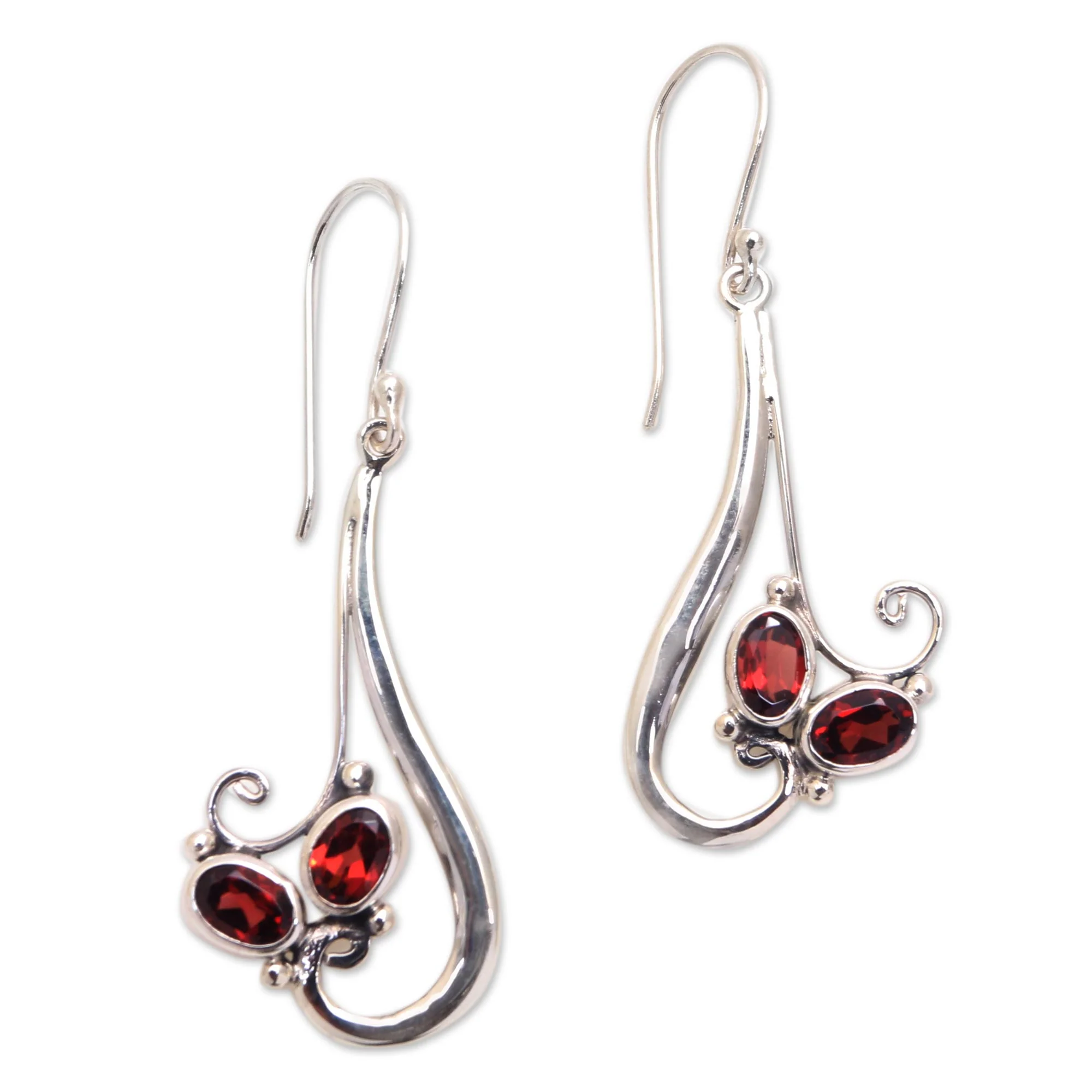 Red Tendrils Tendril Motif Garnet Dangle Earrings from Bali - Image 2