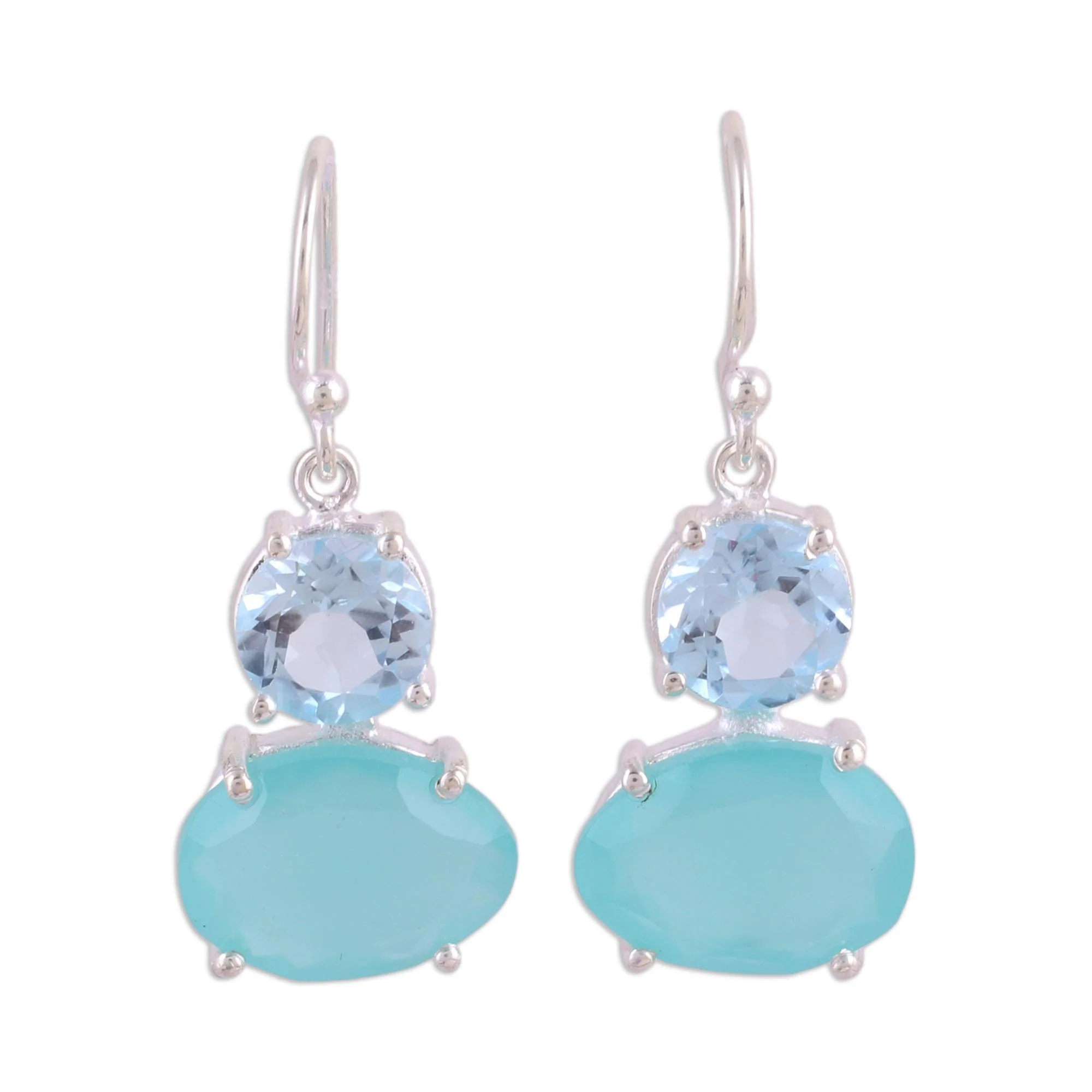 Regal Air Blue Topaz and Chalcedony Prong Set Dangle Earrings - Image 2