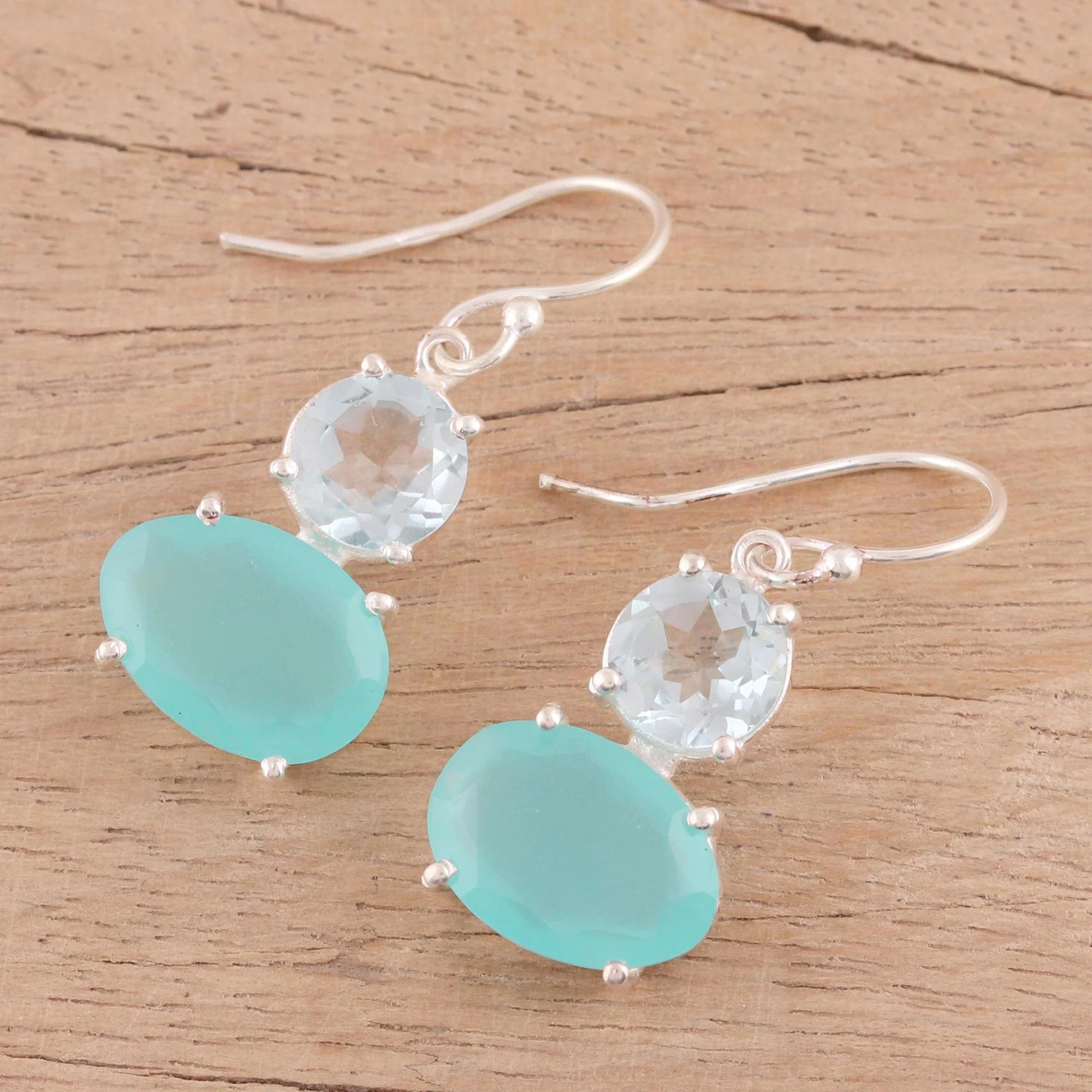 Regal Air Blue Topaz and Chalcedony Prong Set Dangle Earrings - Image 3