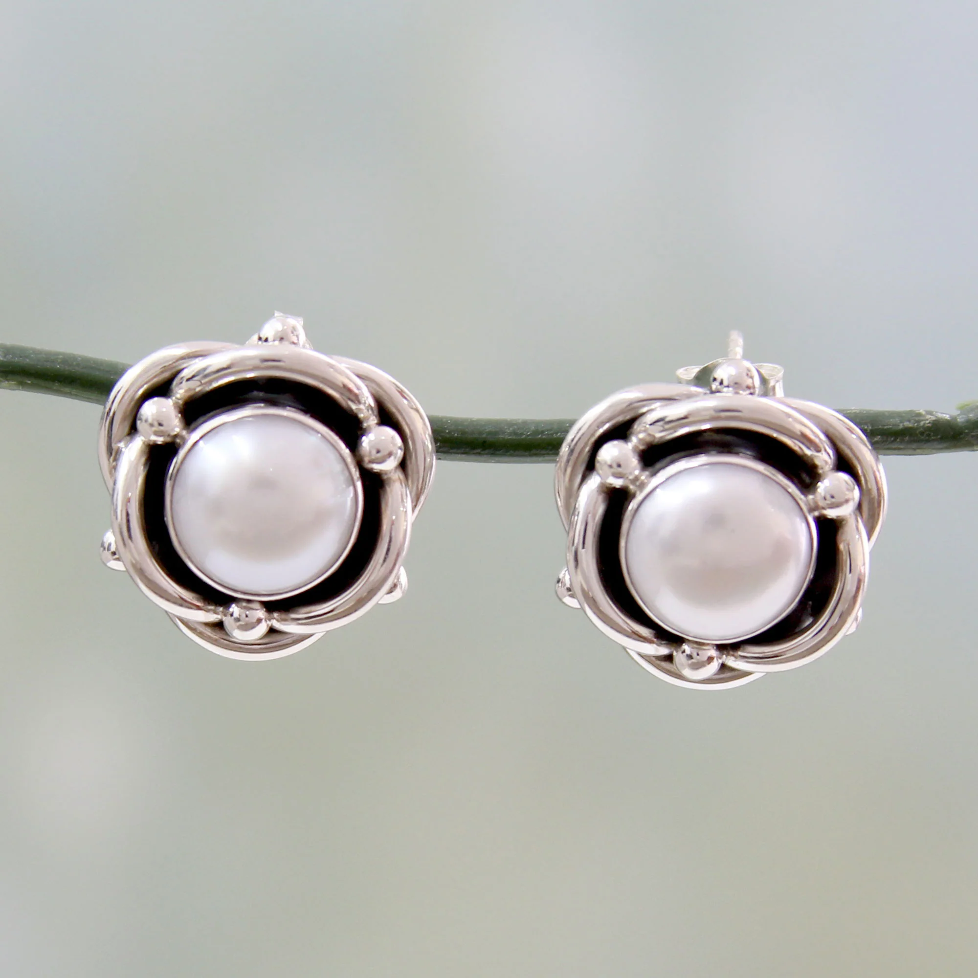 Regal Aura Cultured White Pearl and Sterling Silver Button Earrings