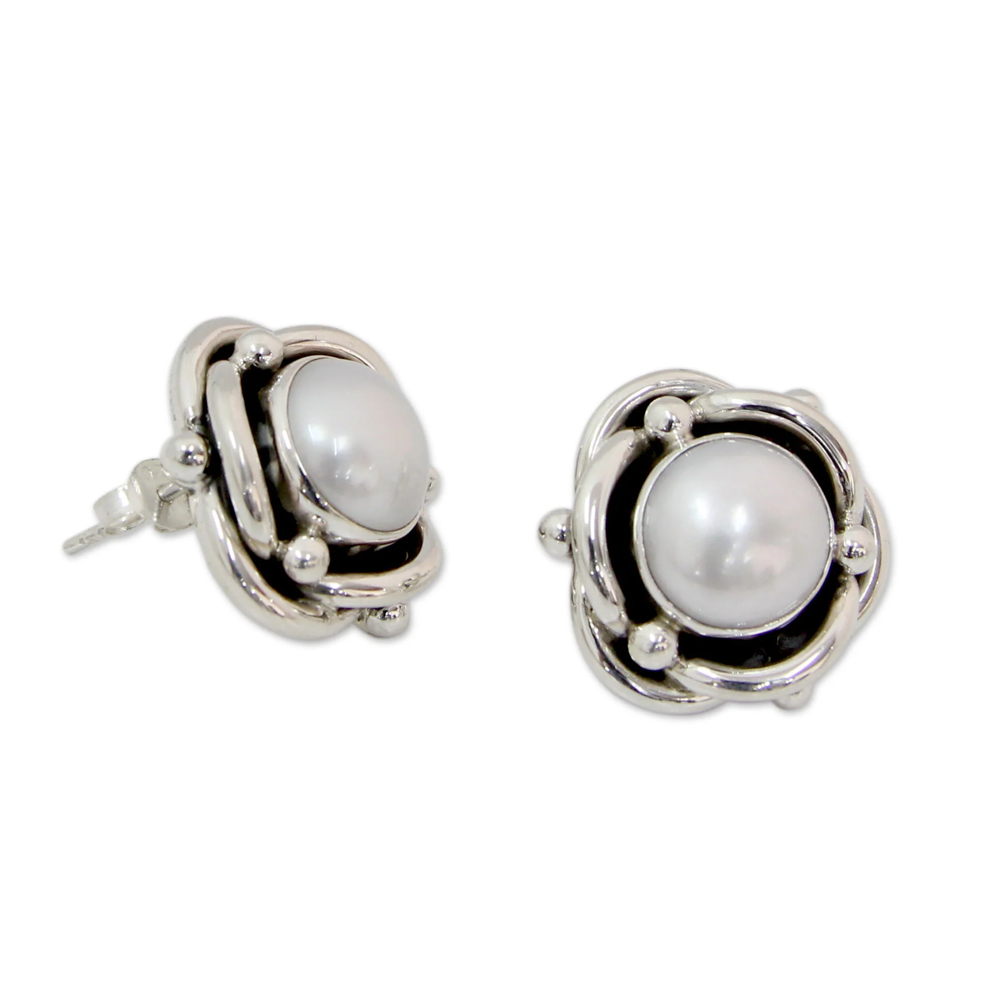 Regal Aura Cultured White Pearl and Sterling Silver Button Earrings - Image 3