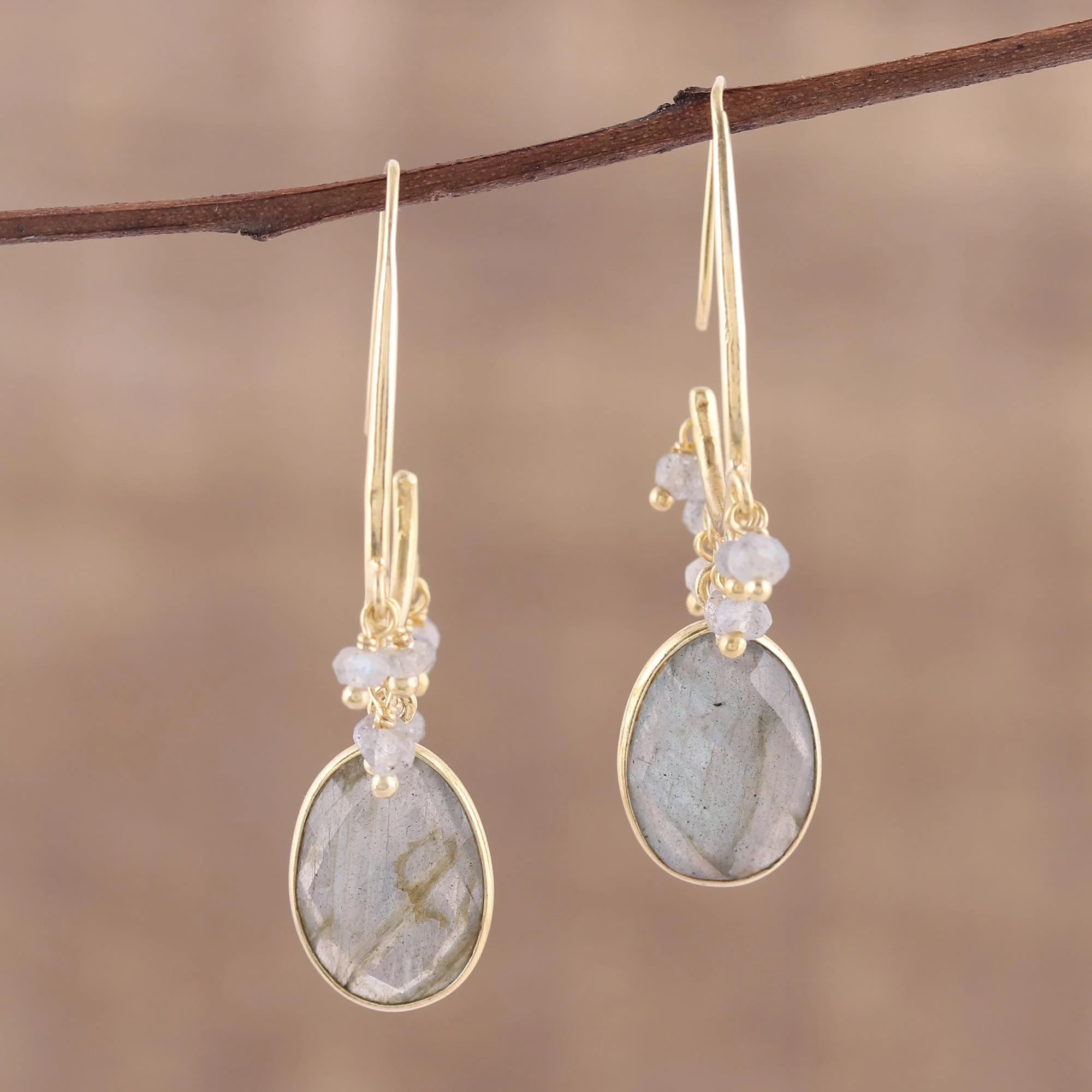 Regal Beauty Gold Plated 13 Carat Labradorite Dangle Earrings - Image 3