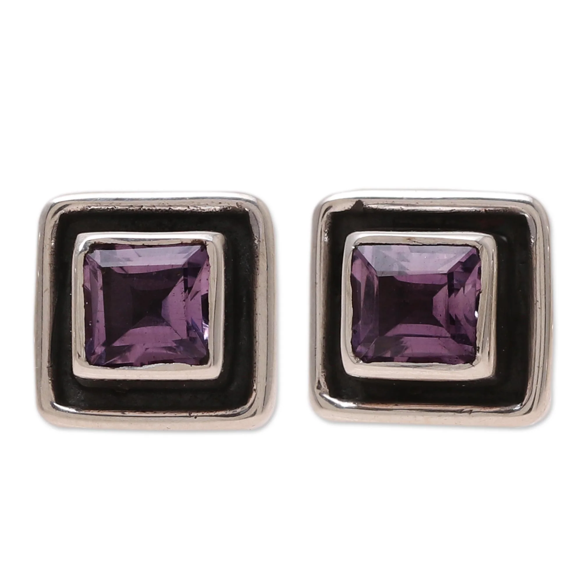 Regal Frame Square Amethyst Stud Earrings from India - Image 2