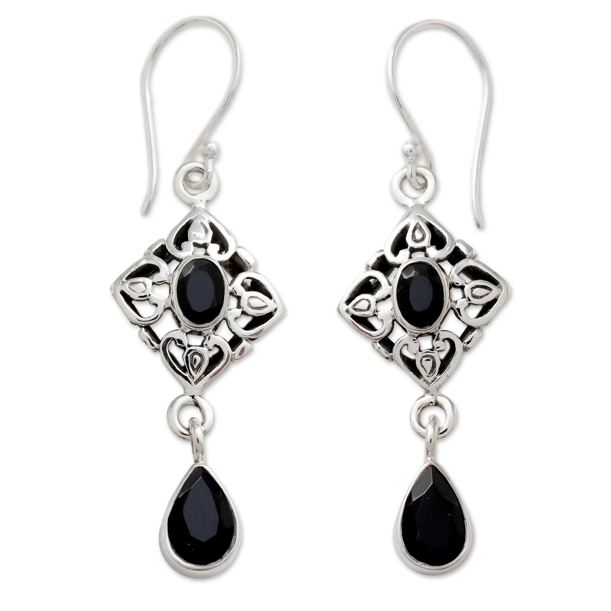Regal in Black Ornate Black Onyx and Sterling Silver Dangle Style Earrings - Image 2