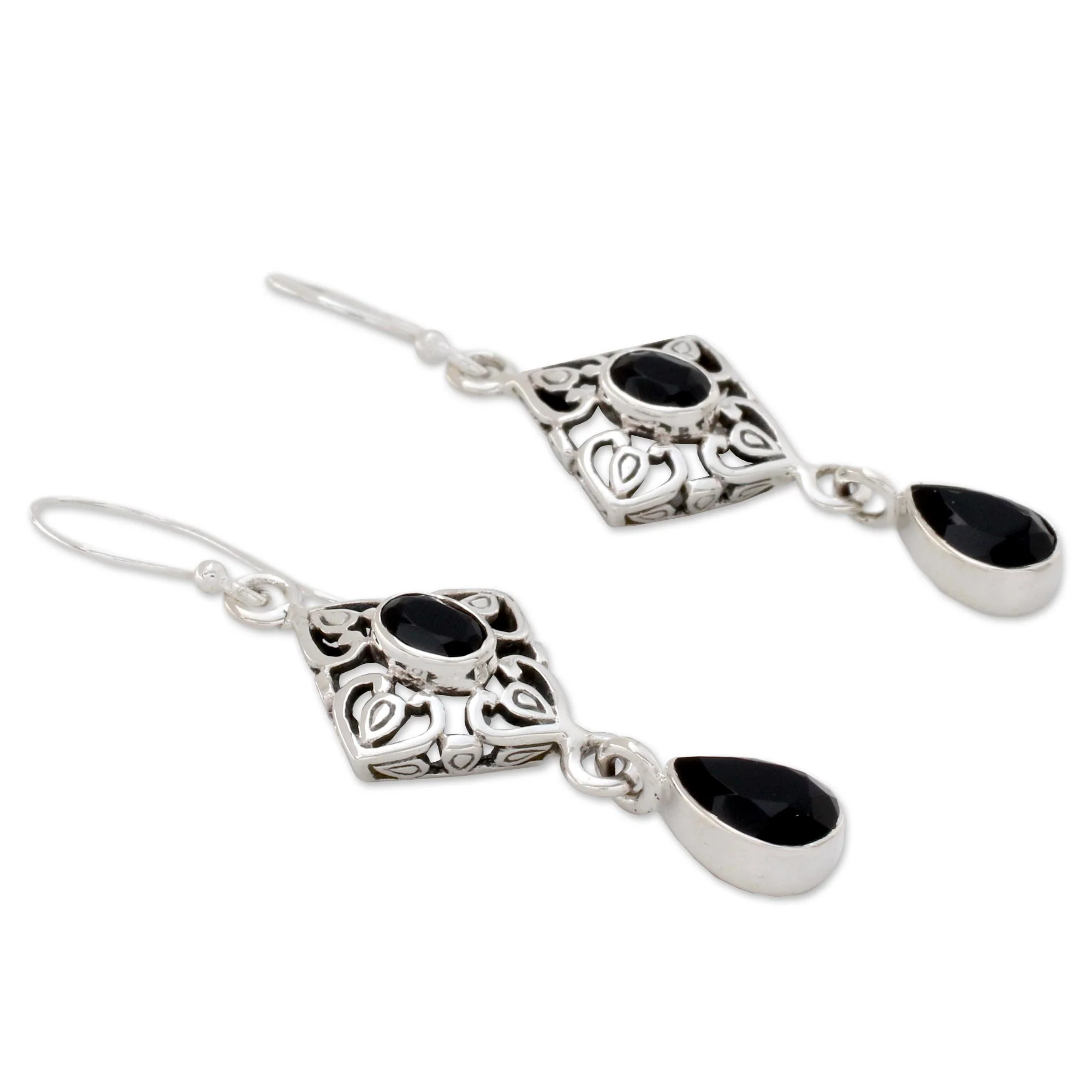 Regal in Black Ornate Black Onyx and Sterling Silver Dangle Style Earrings - Image 3