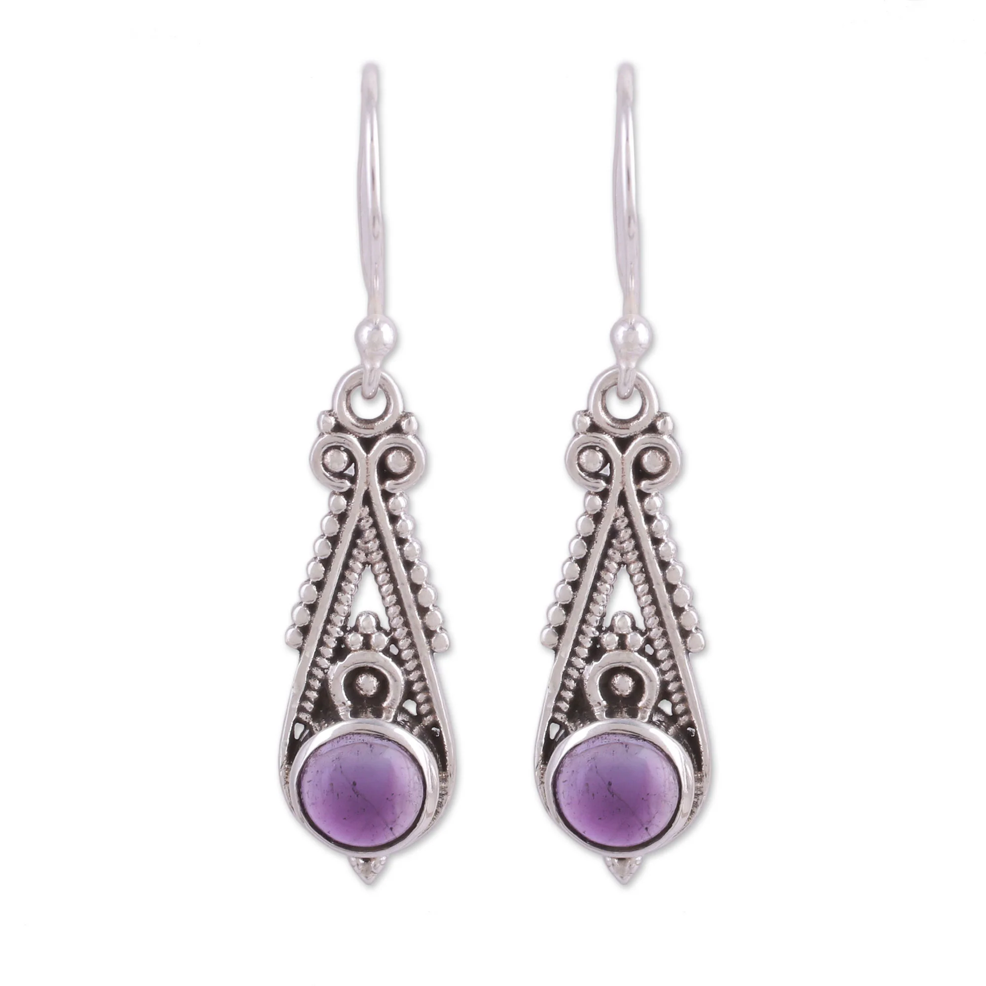 Regal Peaks Pointed Amethyst Dangle Earrings from India - Image 2