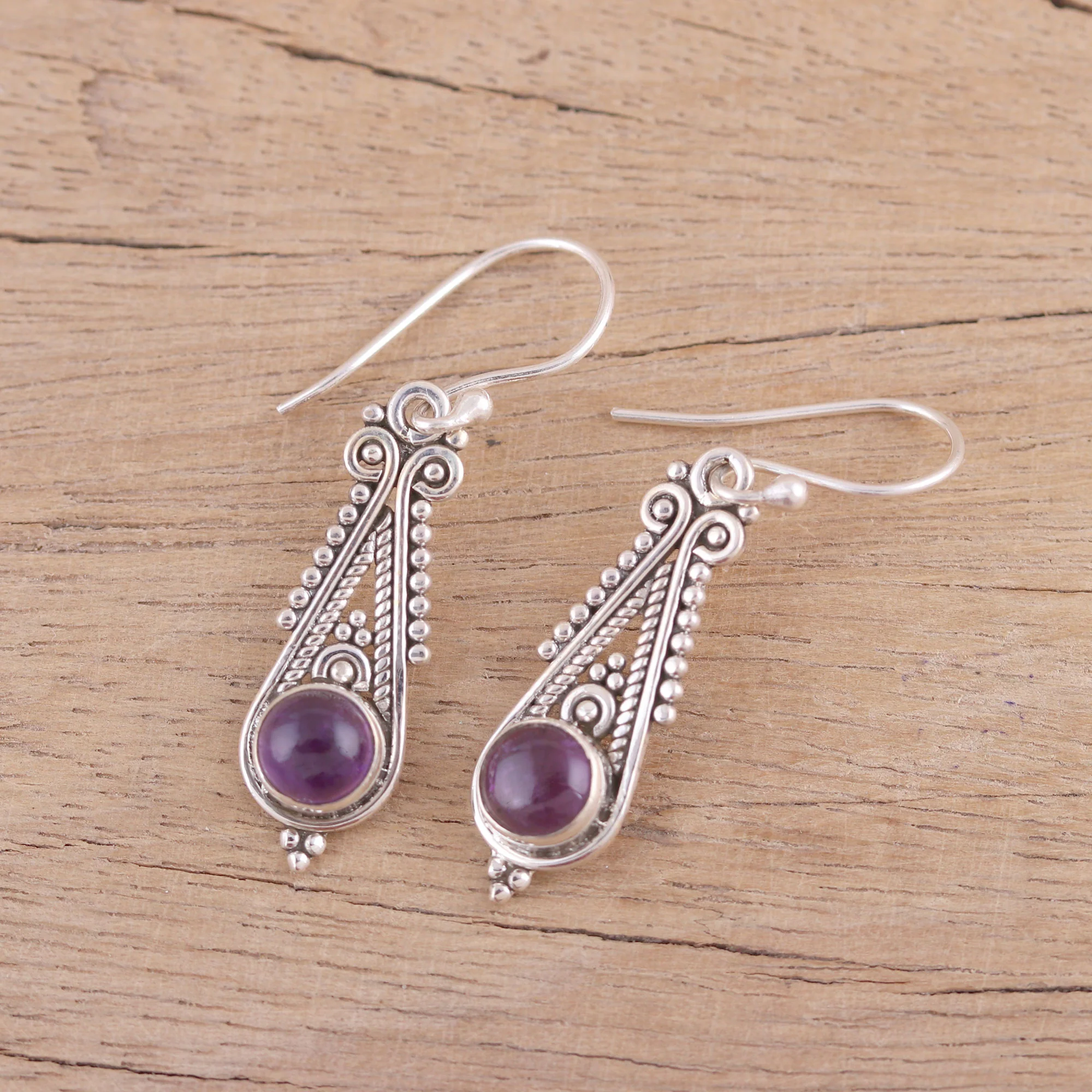 Regal Peaks Pointed Amethyst Dangle Earrings from India - Image 3