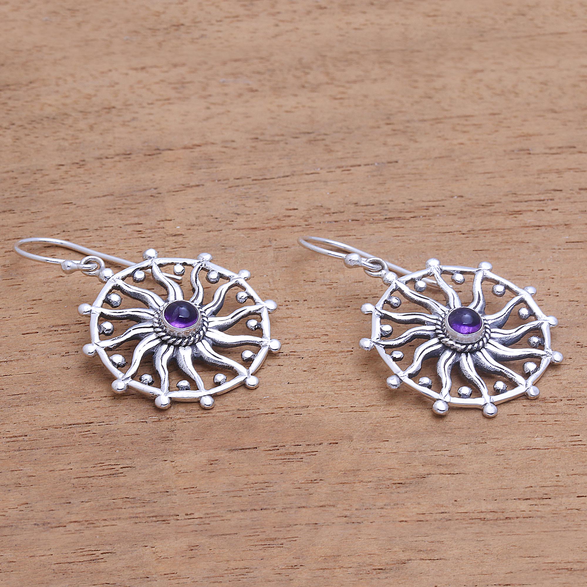 Regal Rays Sun Motif Amethyst Dangle Earrings from Bali - Image 3
