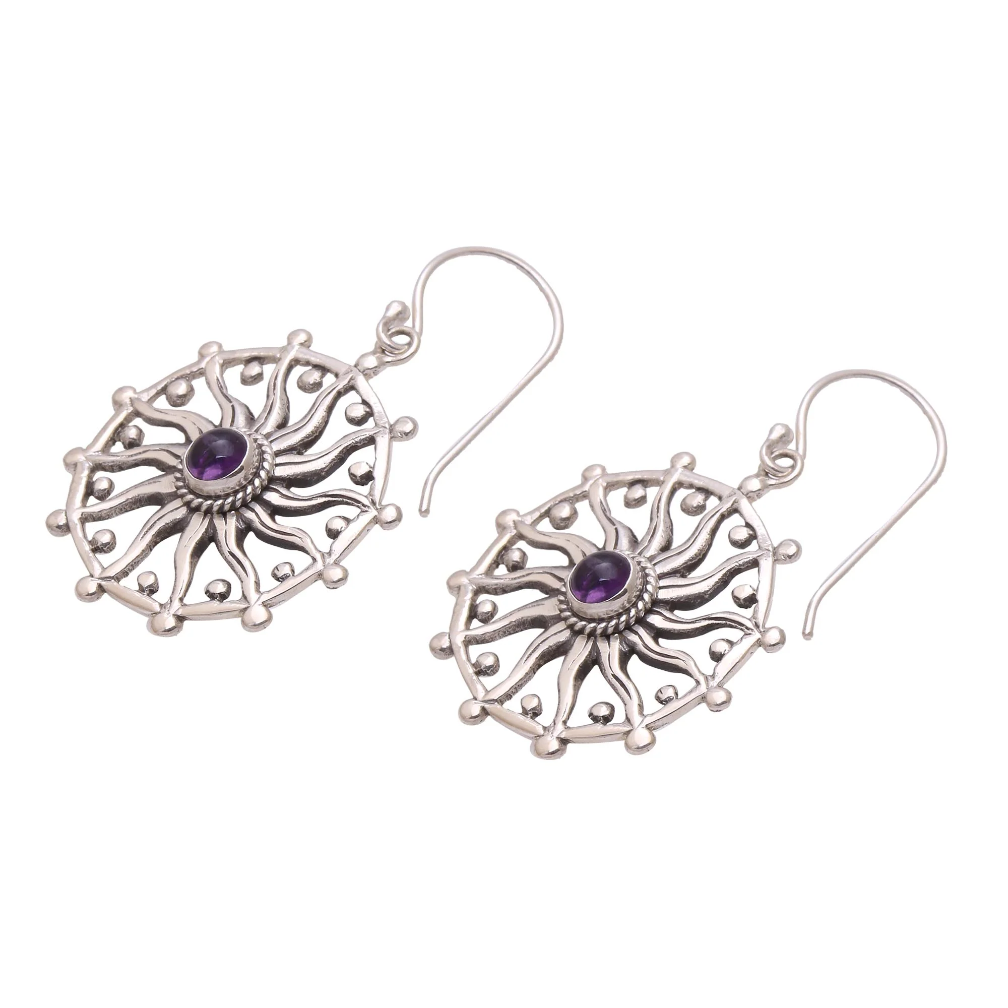 Regal Rays Sun Motif Amethyst Dangle Earrings from Bali - Image 4