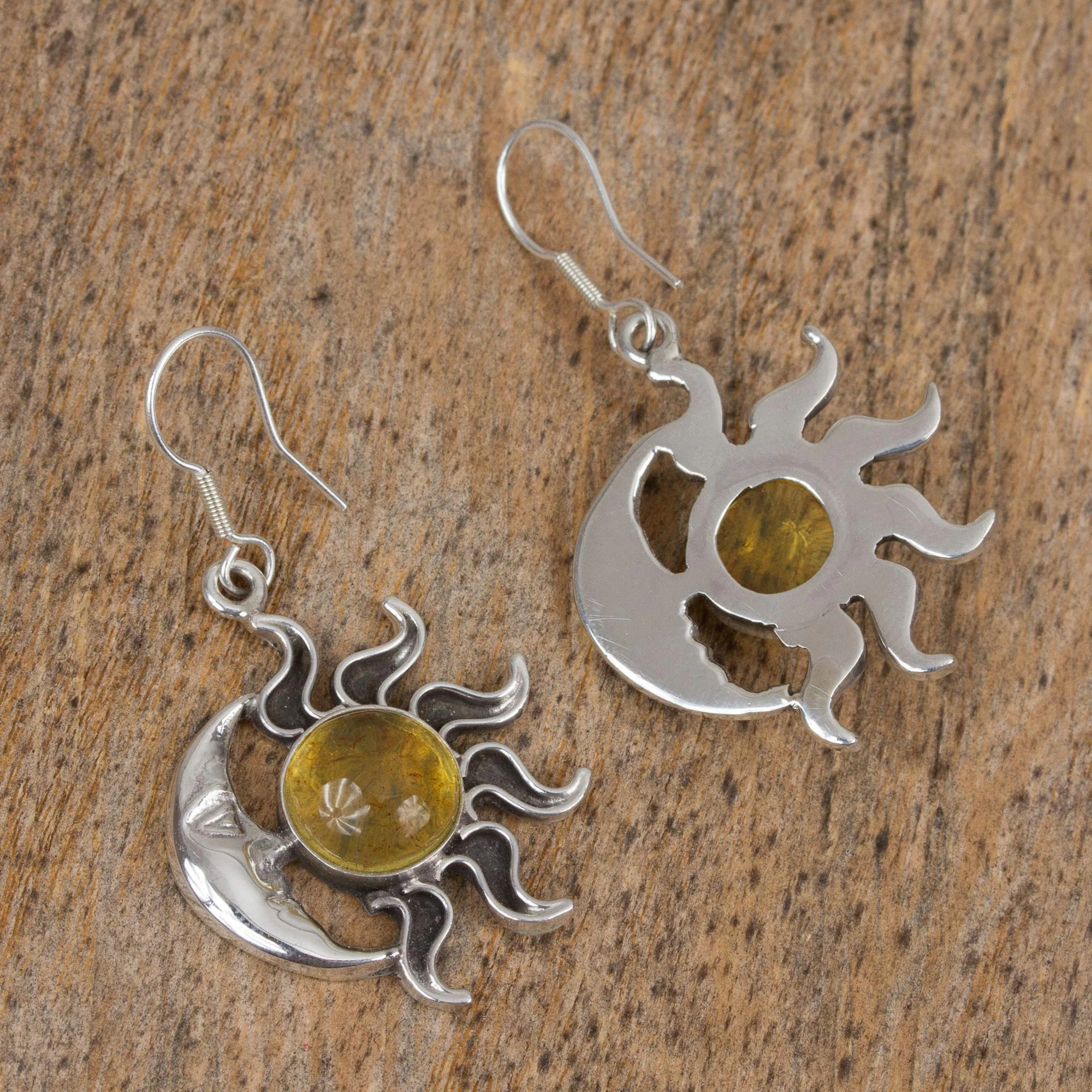 Resplendent Sunset Mexican Sterling Silver and Amber Sun Moon Hook Earrings - Image 4