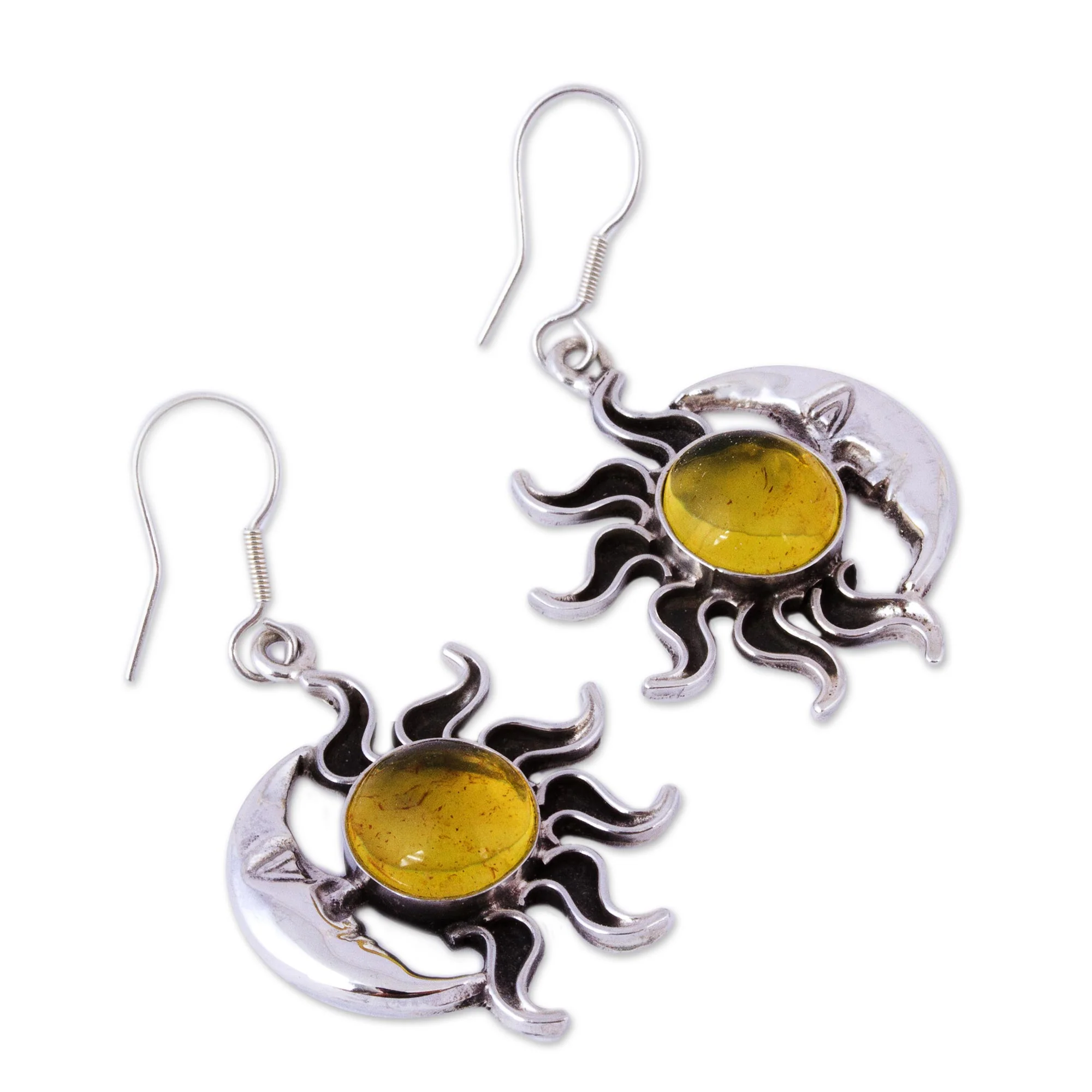 Resplendent Sunset Mexican Sterling Silver and Amber Sun Moon Hook Earrings - Image 5
