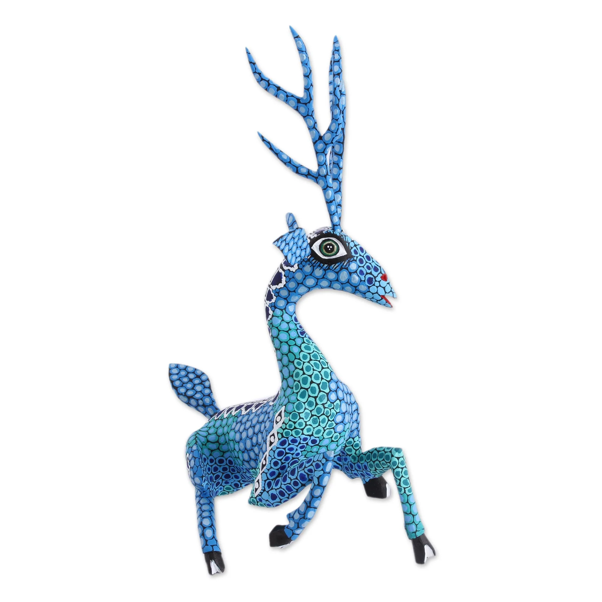 Resting Deer Hand-Painted Wood Alebrije Deer Sculpture in Blue - Image 4