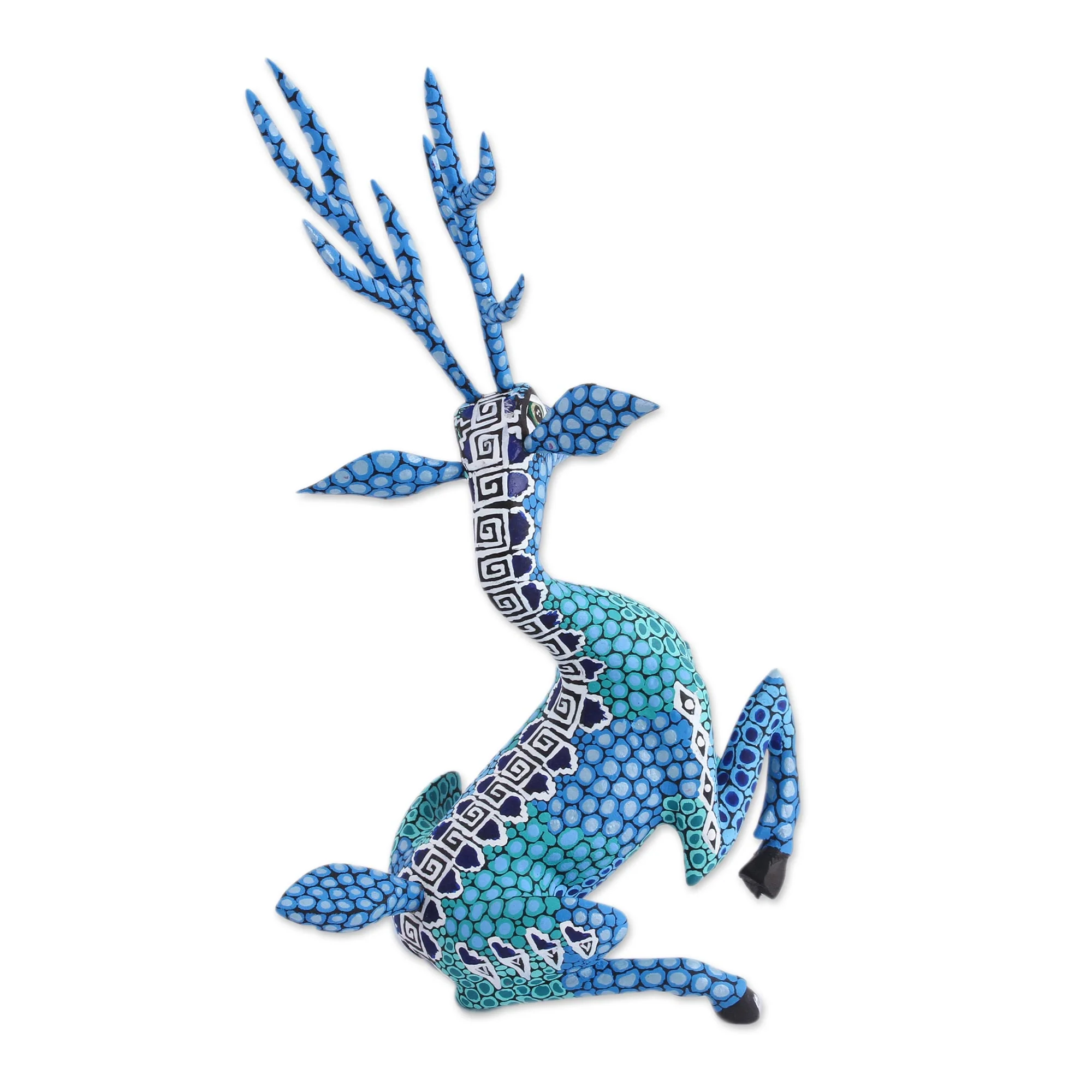 Resting Deer Hand-Painted Wood Alebrije Deer Sculpture in Blue - Image 5