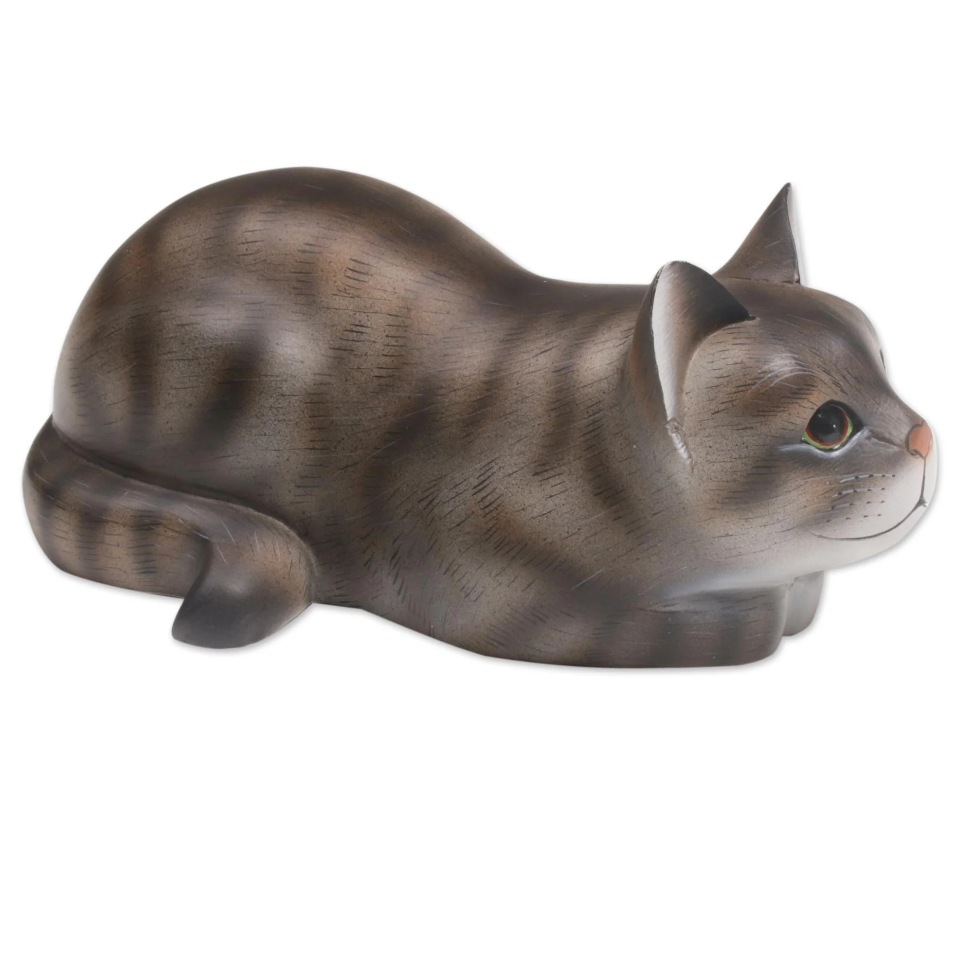 Resting Kitty Resting Wood Cat Sculpture in Grey and White from Bali - Image 4