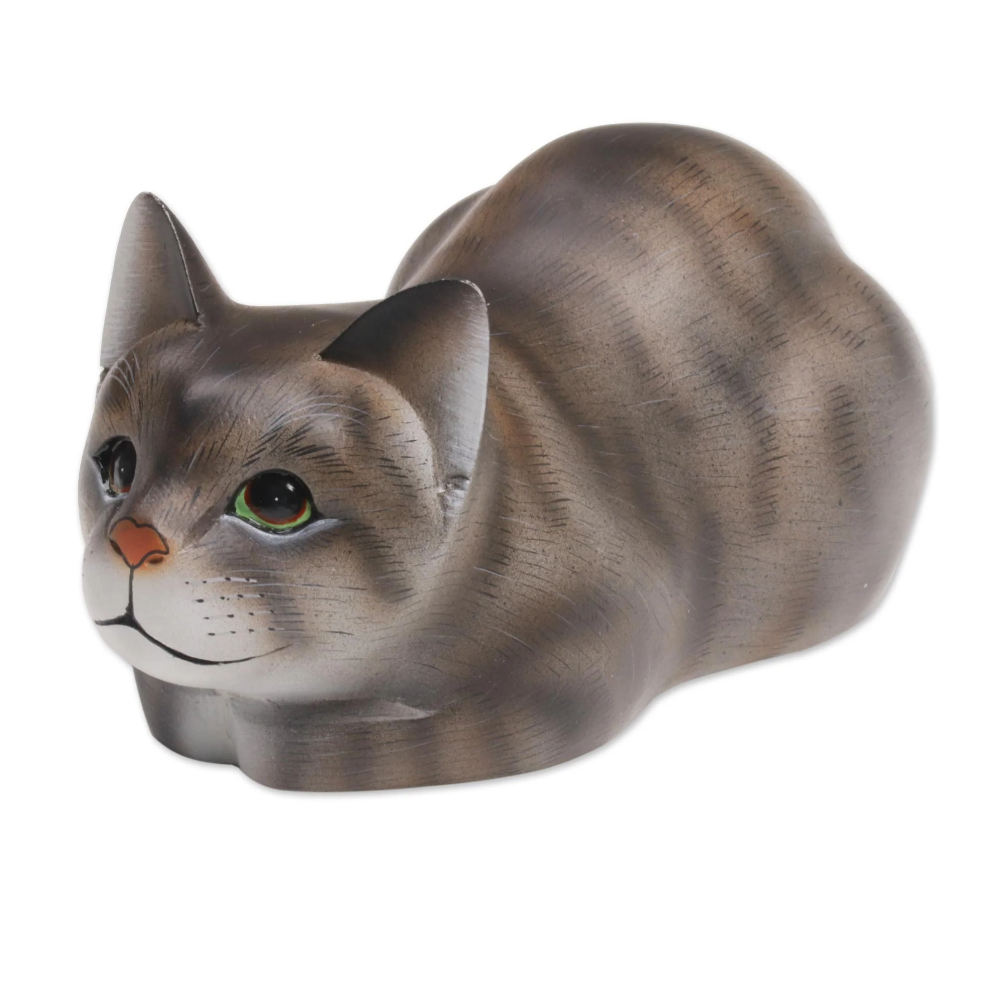 Resting Kitty Resting Wood Cat Sculpture in Grey and White from Bali - Image 5