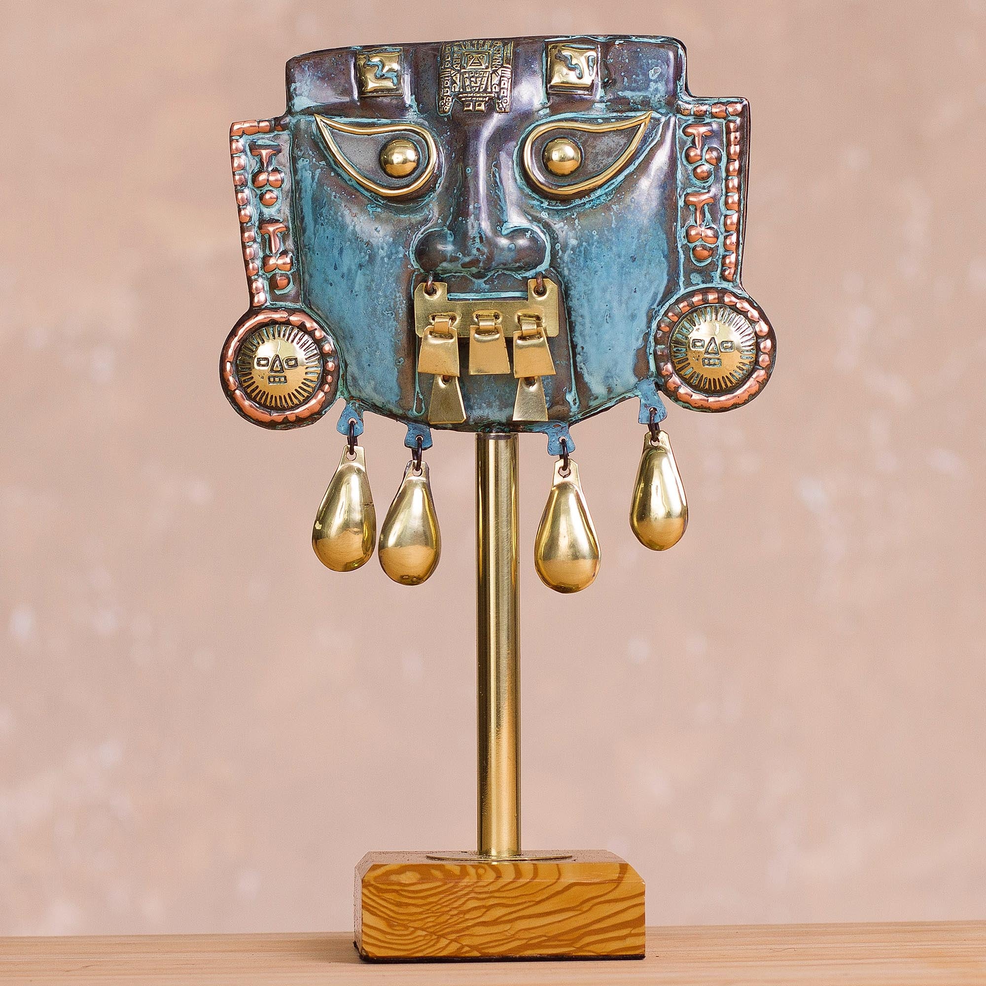 Reverent Oxidized Copper Decorative Funeral Mask Statuette - Image 3