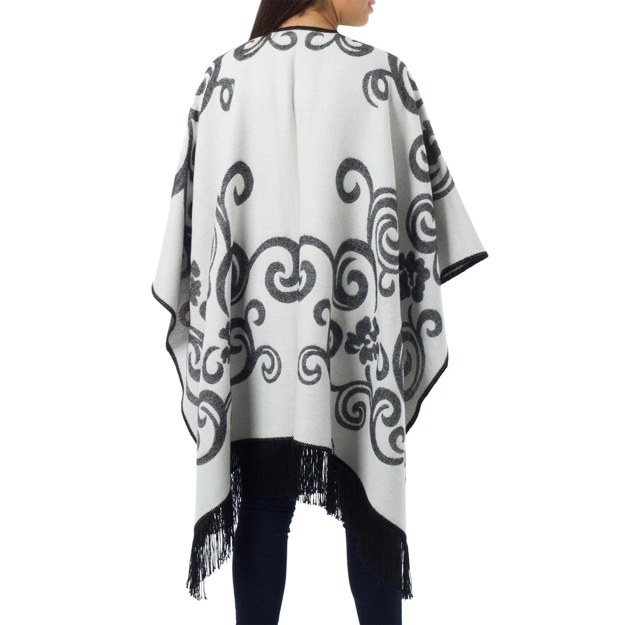Reversible White & Grey Alpaca Ruana Poncho - Image 3