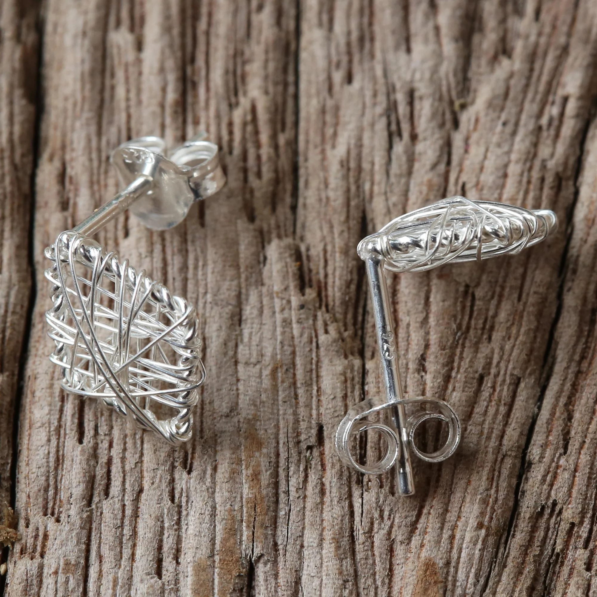 Rhombus Wrap Wrapped Sterling Silver Stud Earrings Crafted in Thailand - Image 4