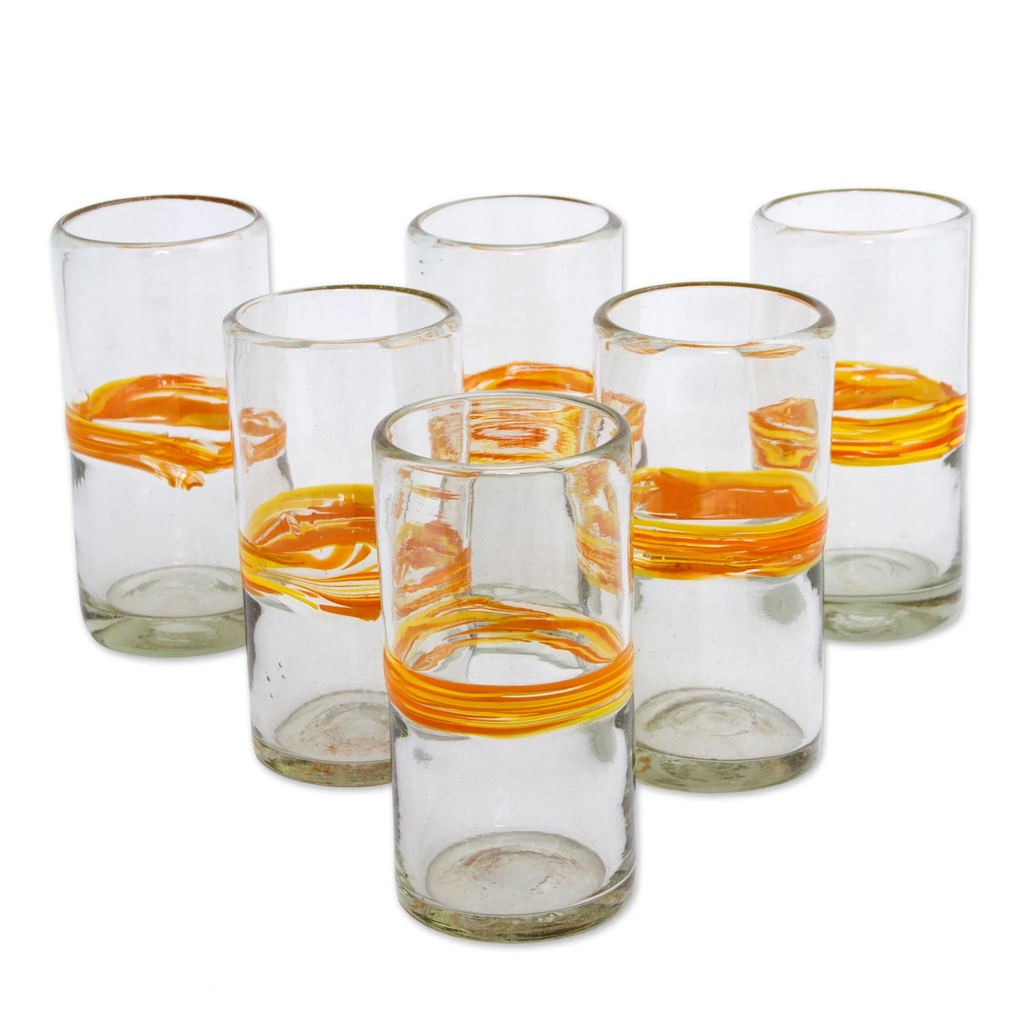 Ribbon of Sunshine Set of 6 Blown Recycled Glass Tumblers with Orange Stripe - Image 2