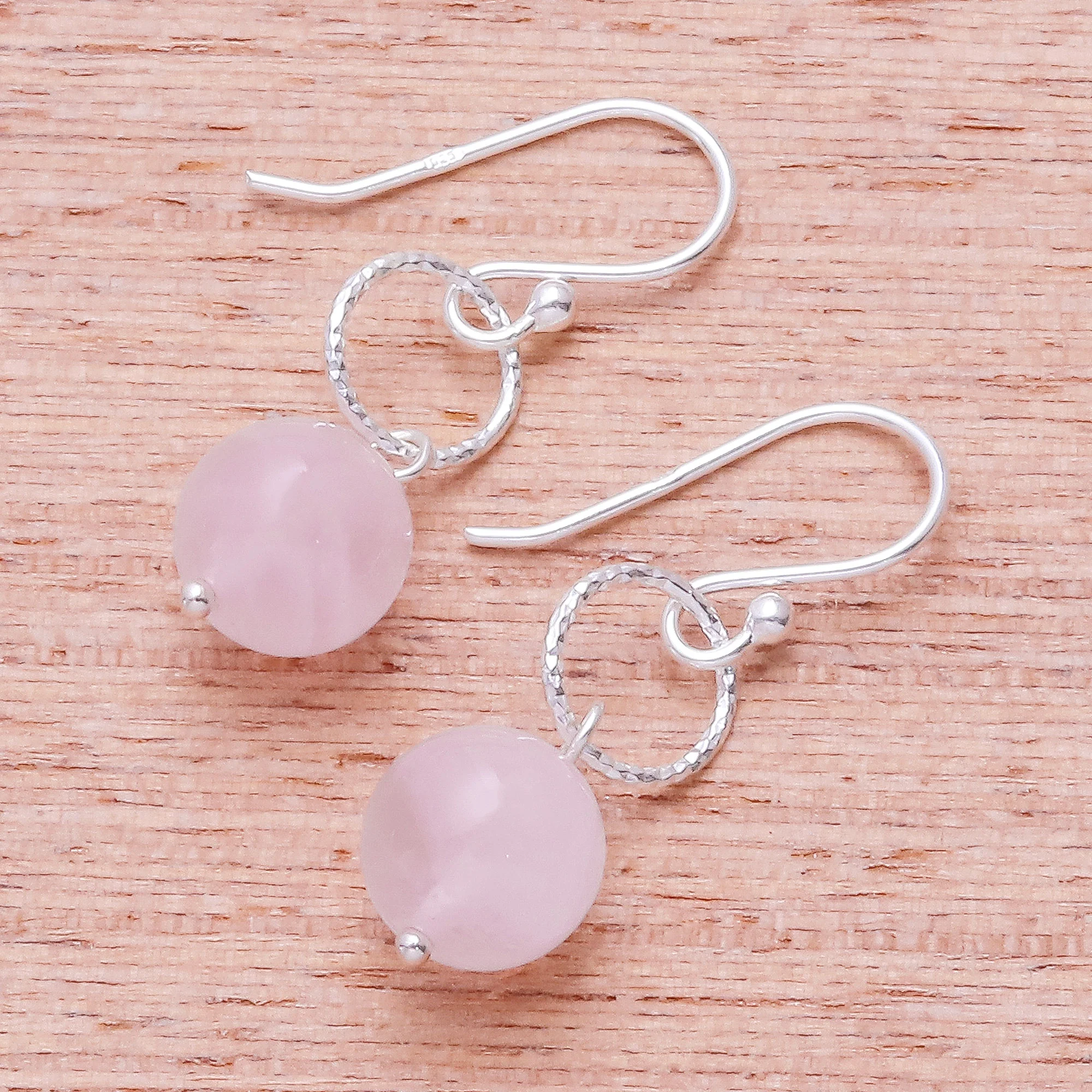 Ring Shimmer Round Rose Quartz Dangle Earrings Crafted in Thailand - Image 3