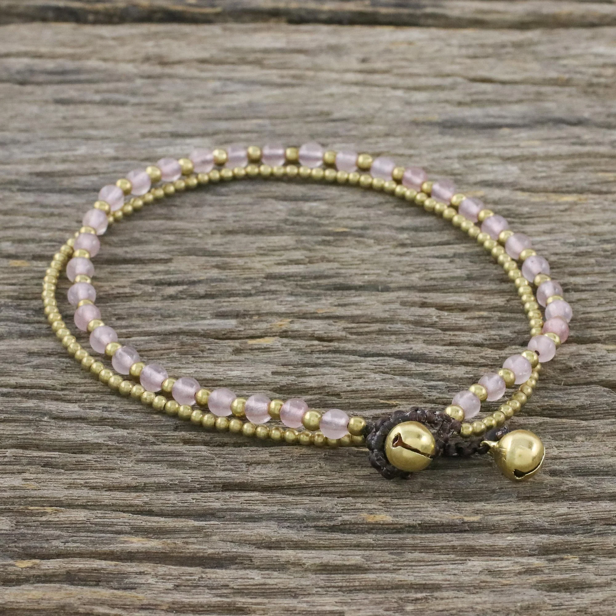 Ringing Beauty Rose Quartz and Brass Beaded Anklet from Thailand - Image 3