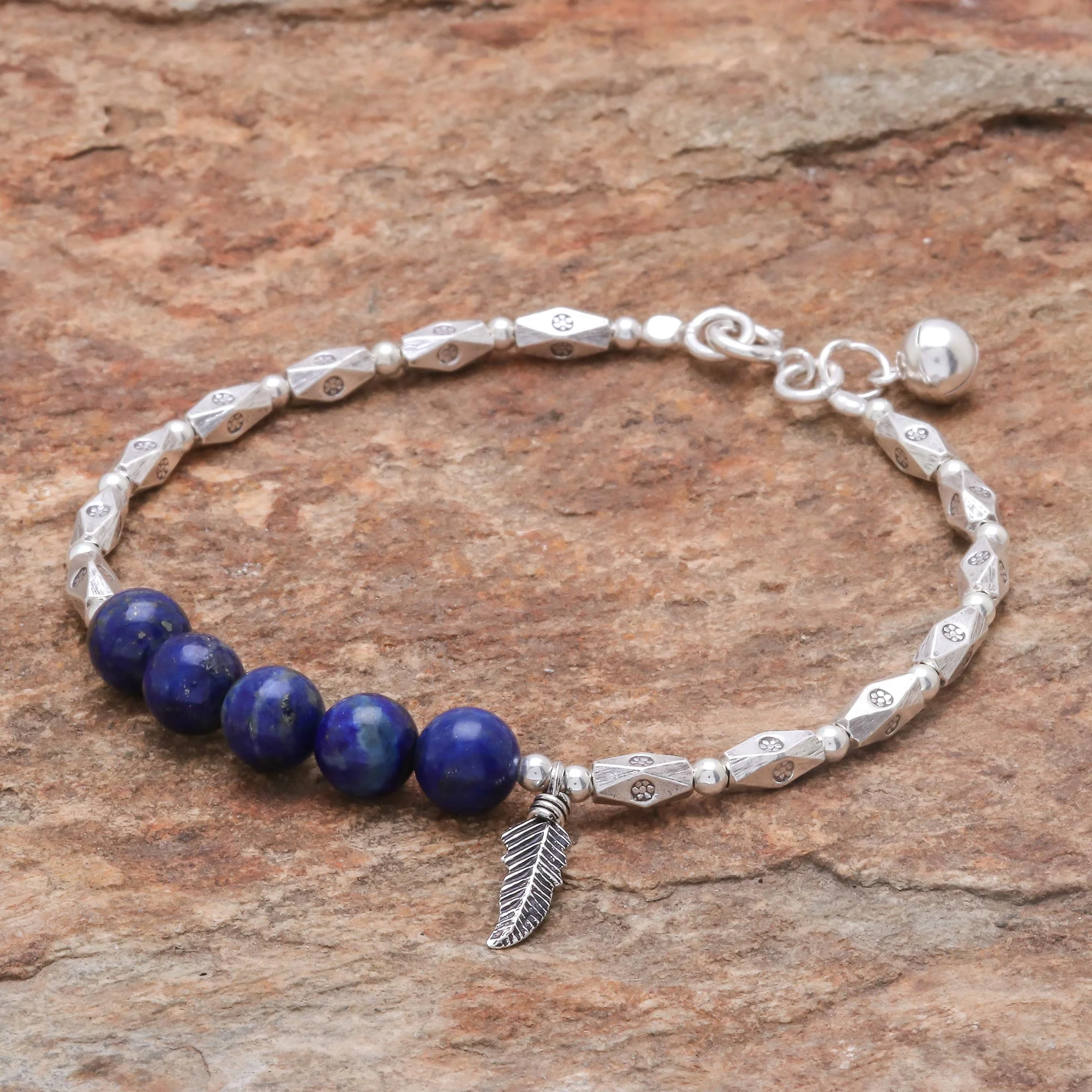 Ringing Feather Hill Tribe Lapis Lazuli Beaded Bracelet from Thailand - Image 4