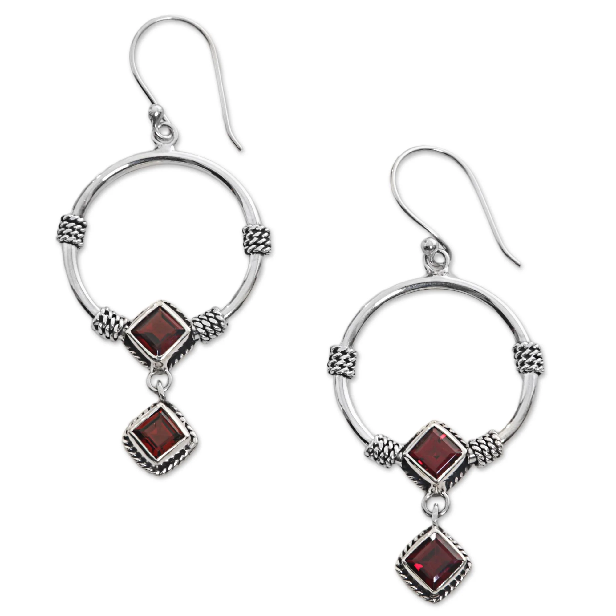 Rings of Happiness in Red Sterling Silver and Garnet Dangle Earrings from Indonesia - Image 2