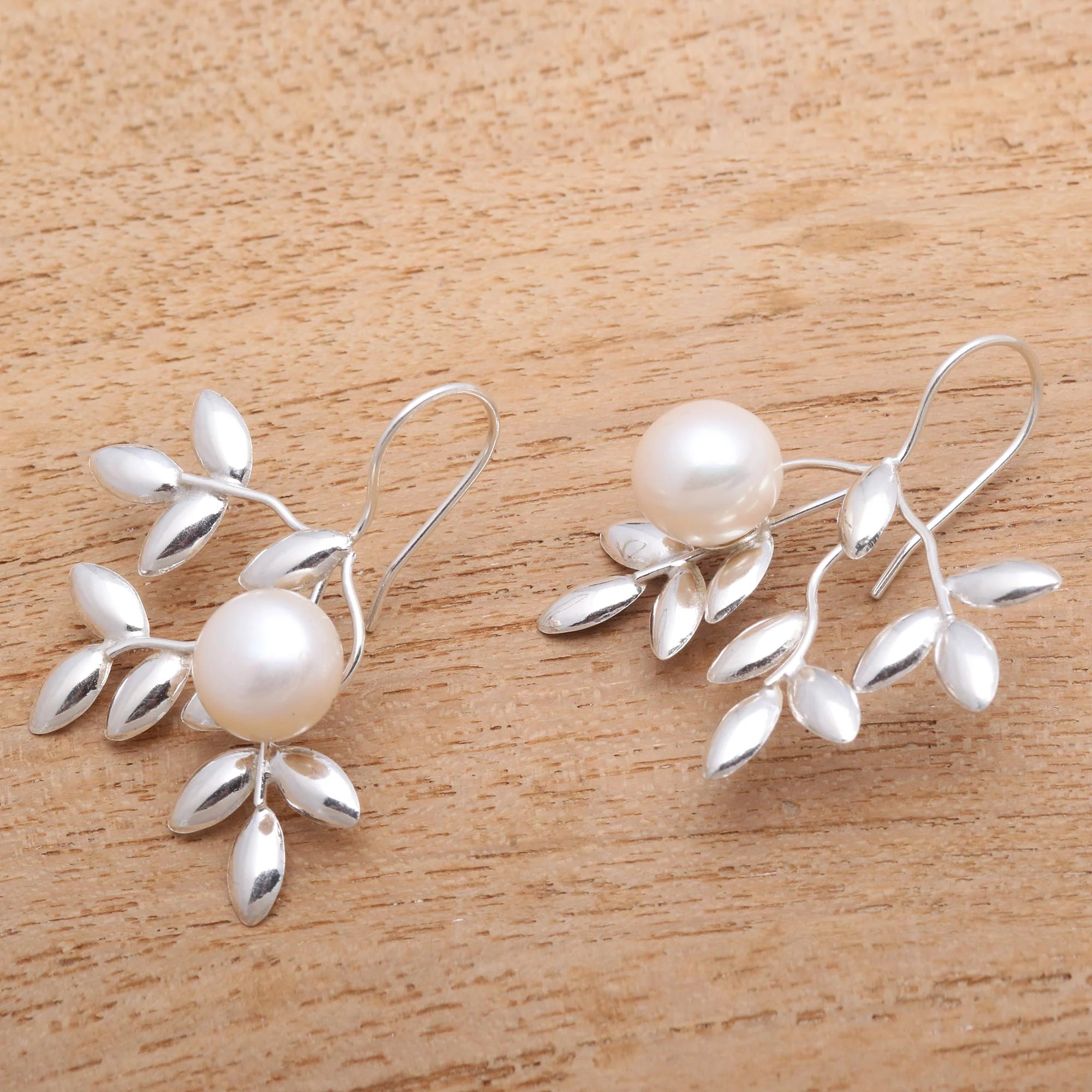 Ripe Leafy Cultured Pearl Drop Earrings from Bali - Image 3