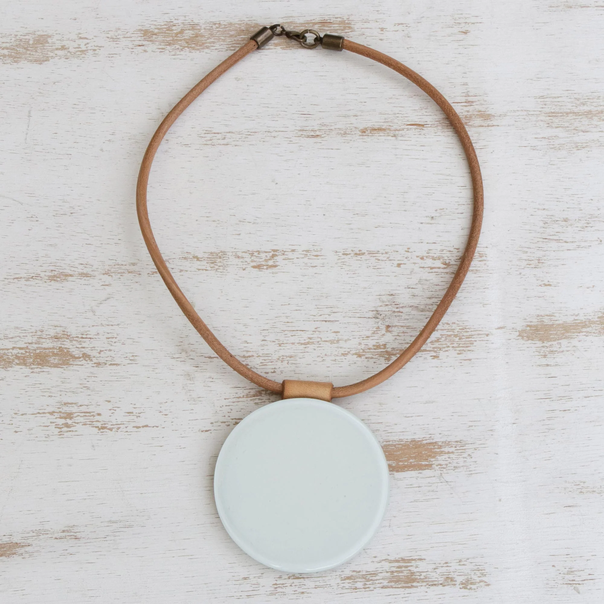 Rising Moon White Art Glass Disc Pendant Brown Leather Cord Necklace - Image 3