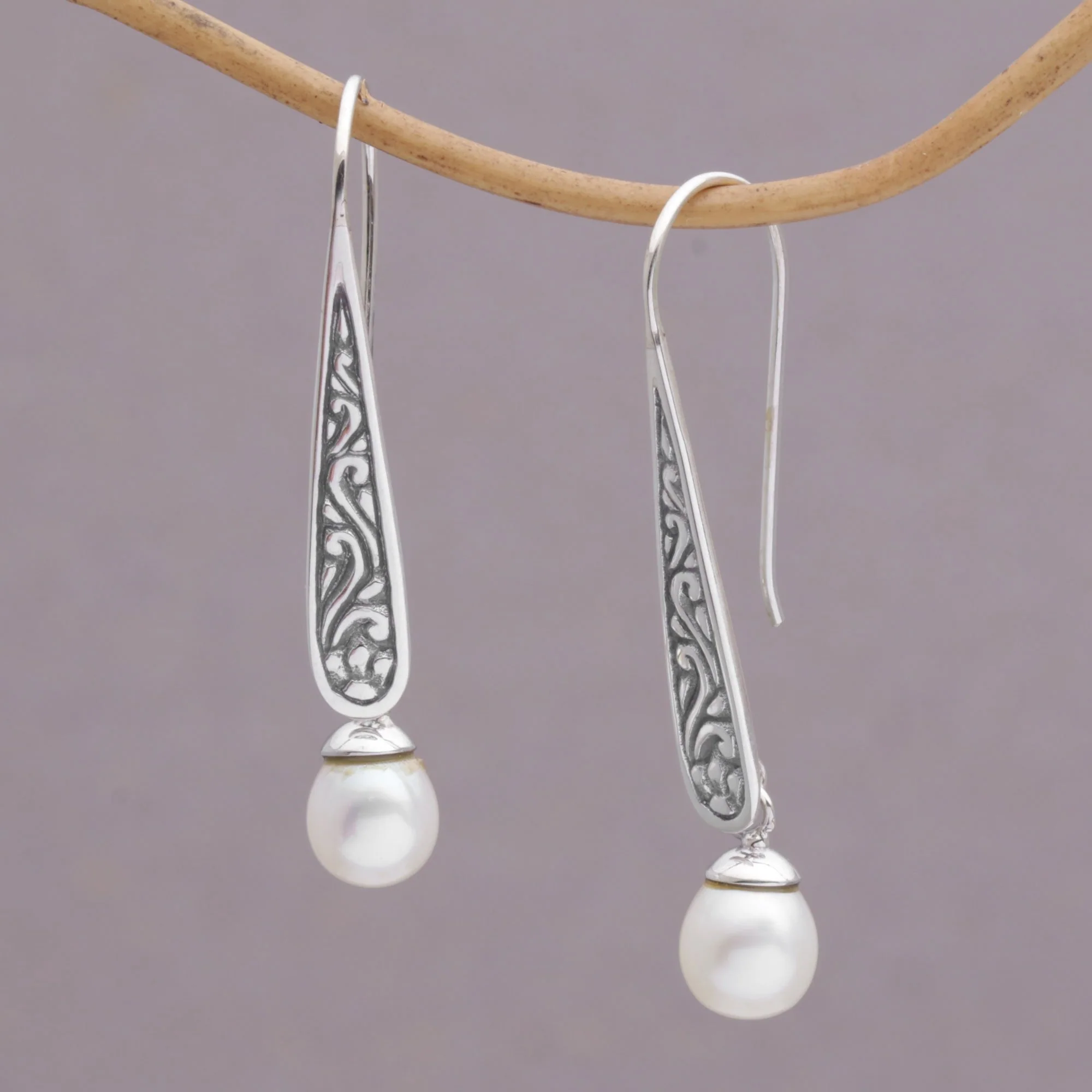 Rising Swirls Pearl & Sterling Silver Drop Earrings - Image 2