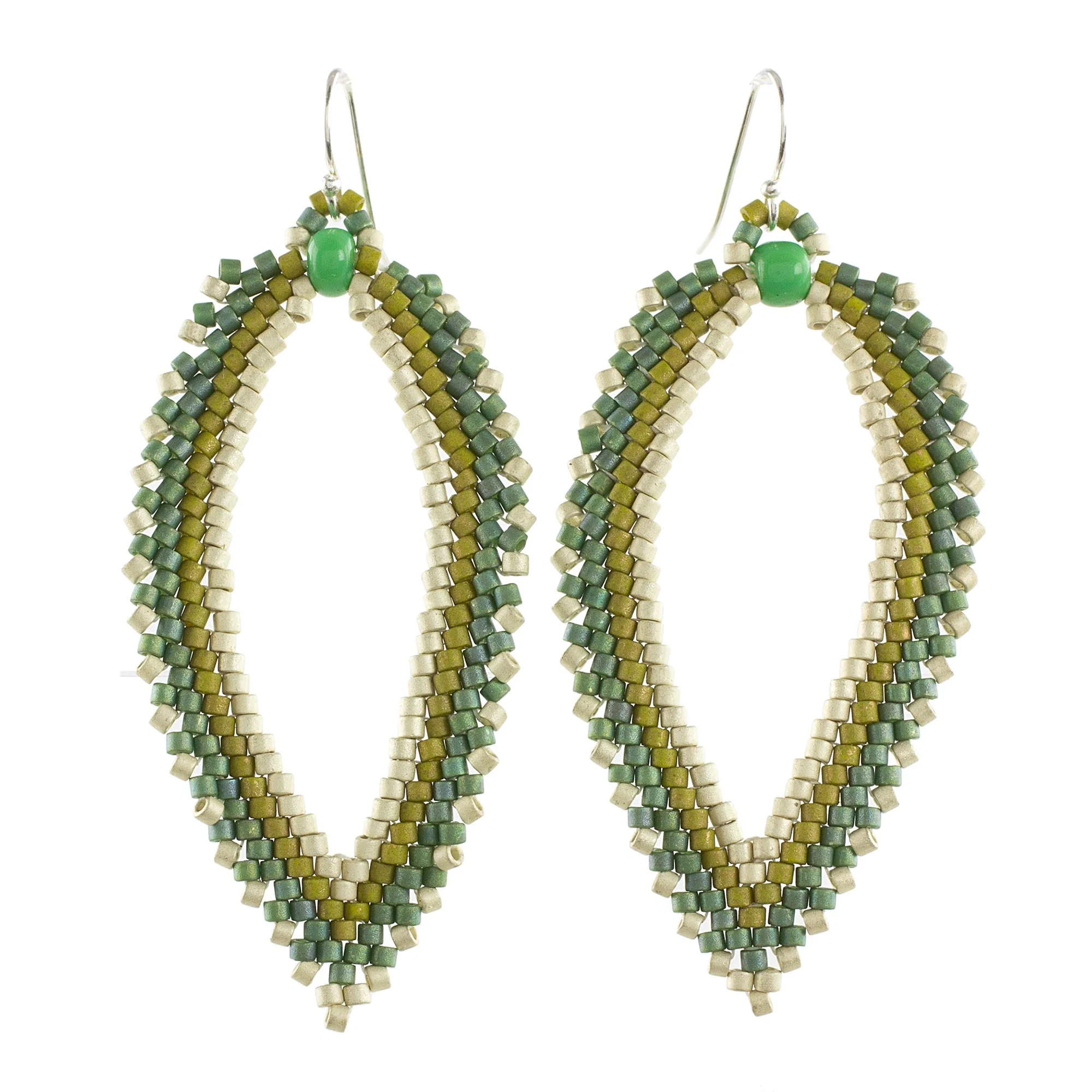 River Leaf Green and Ivory Leaf-Shaped Beaded Dangle Earrings - Image 2
