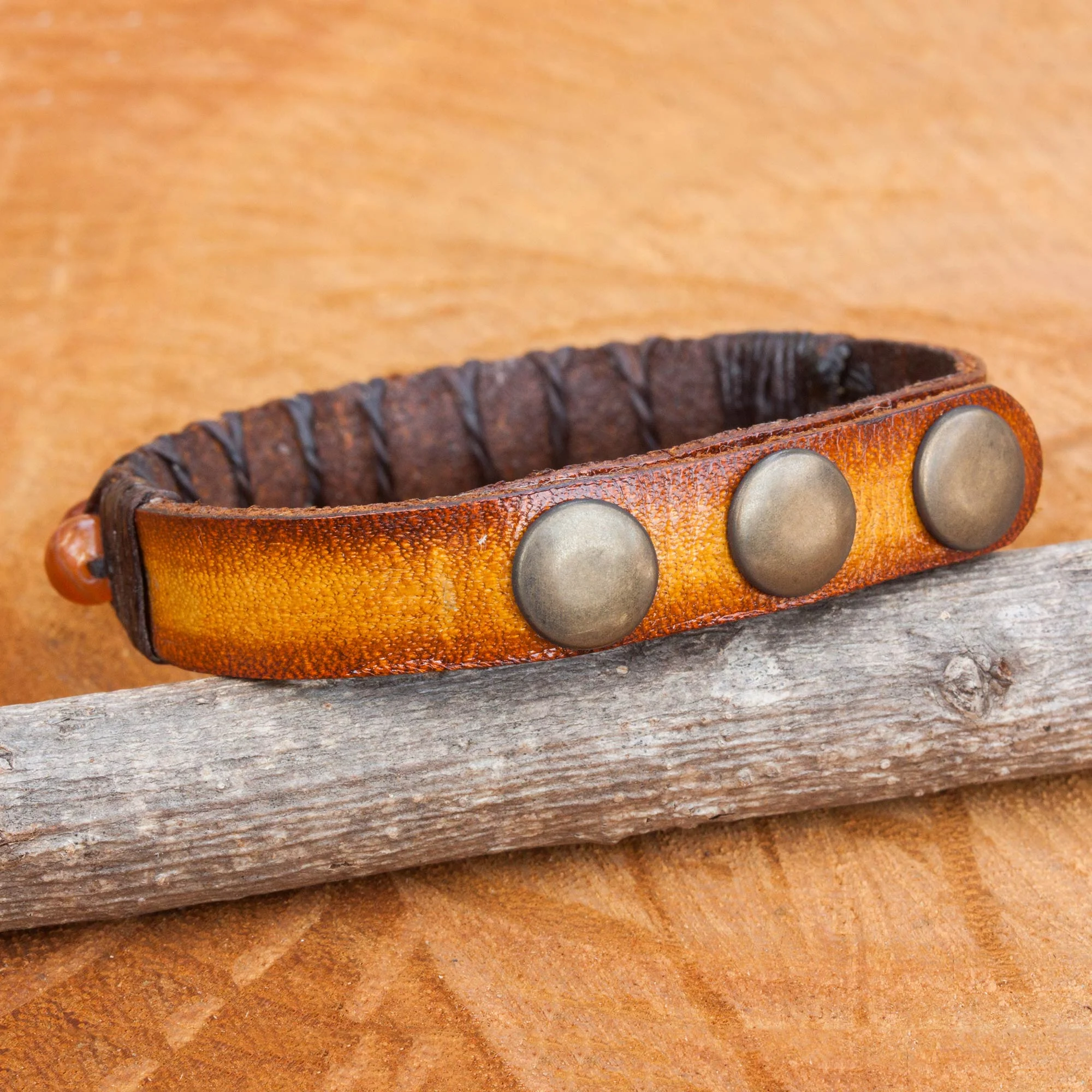 Rock Walk in Orange Hand Crafted Carnelian and Leather Band Bracelet - Image 3