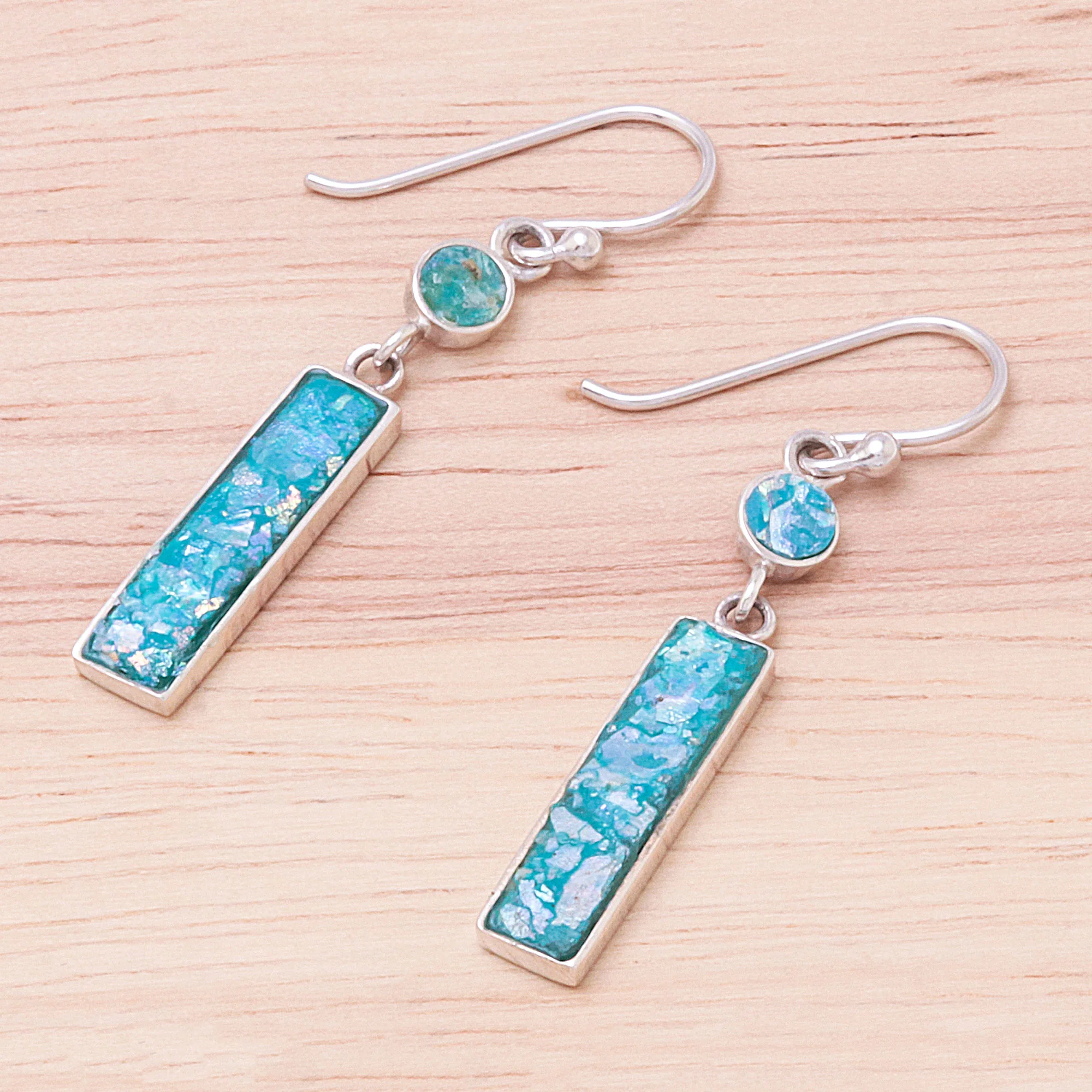 Roman Magic Rectangular Roman Glass Dangle Earrings from Thailand - Image 3