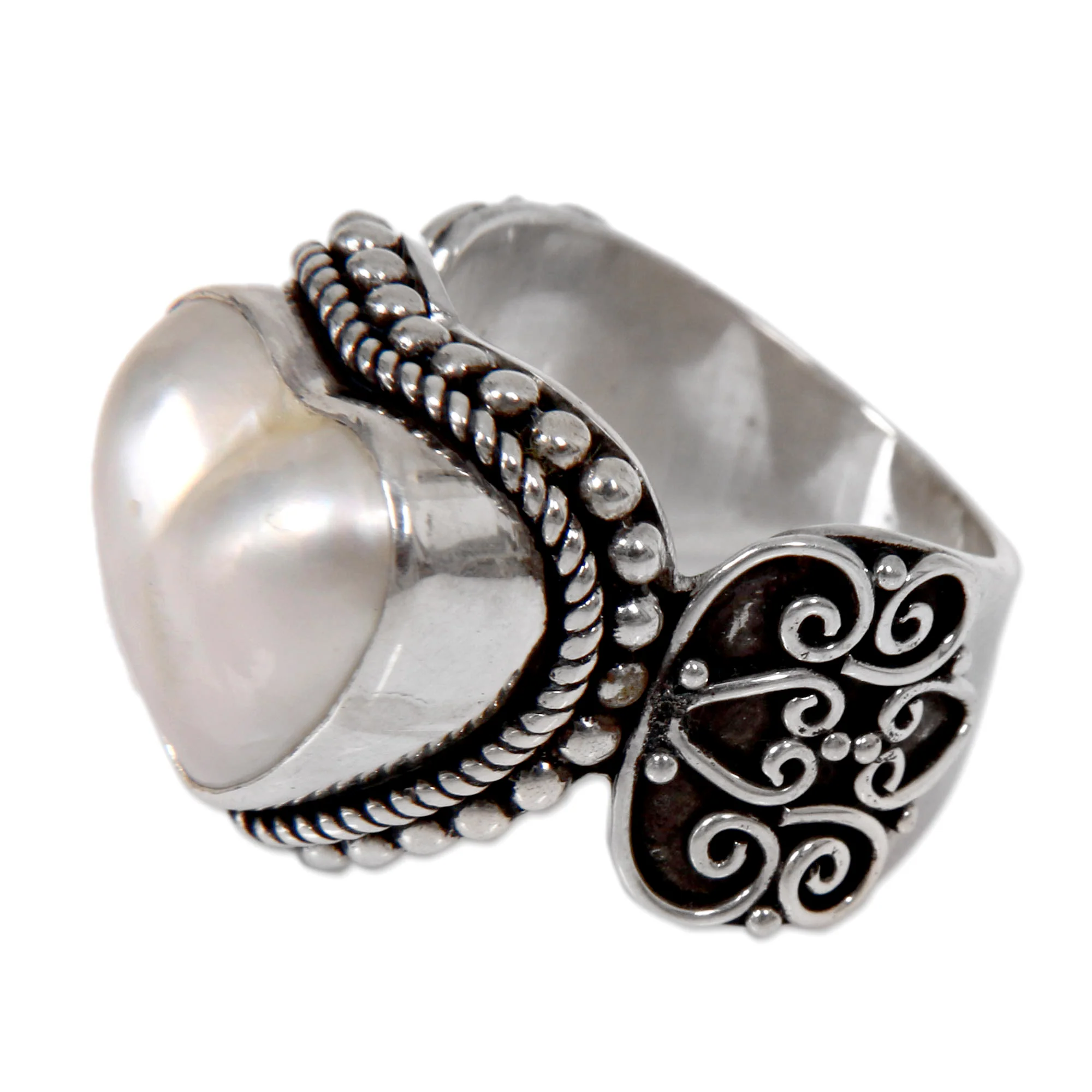 Romance in White Ornate Cocktail Ring with Heart Shaped White Mabe Pearl - Image 2
