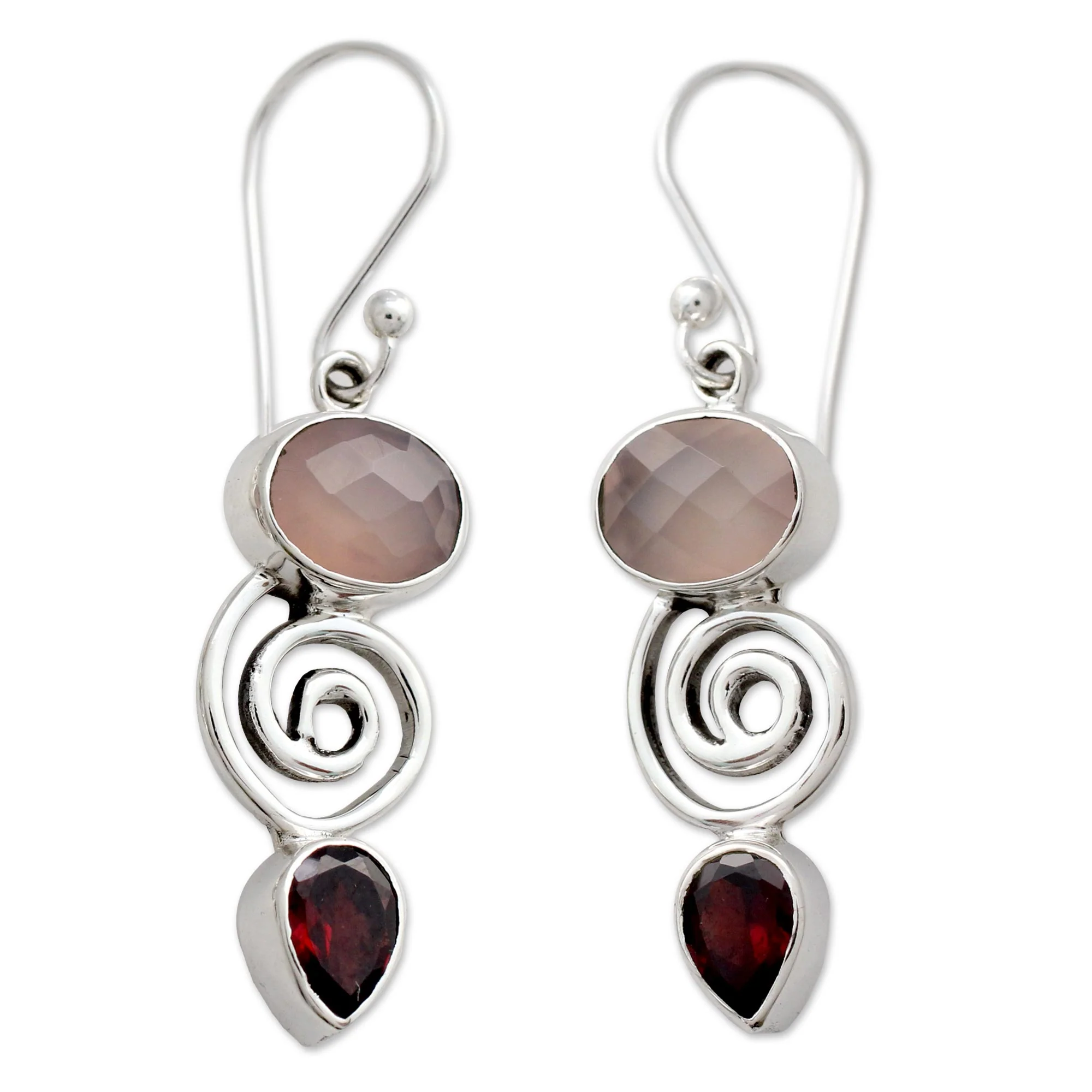 Romantic Journey Silver Dangle Earrings with Rose Quartz and Garnet Stones - Image 2