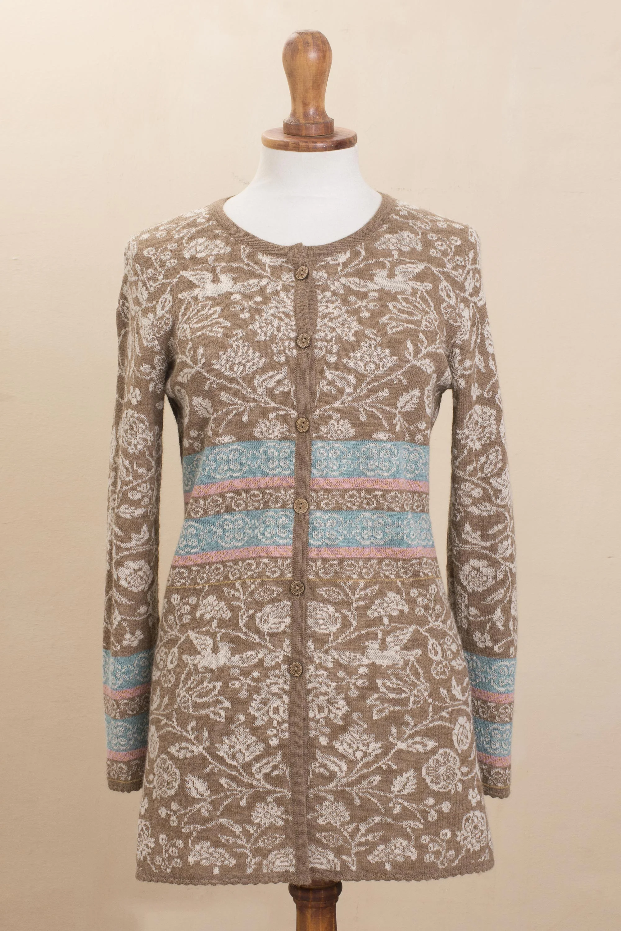 Romantic Nature in Tan Nature-Themed 100% Baby Alpaca Cardigan in Tan from Peru - Image 4