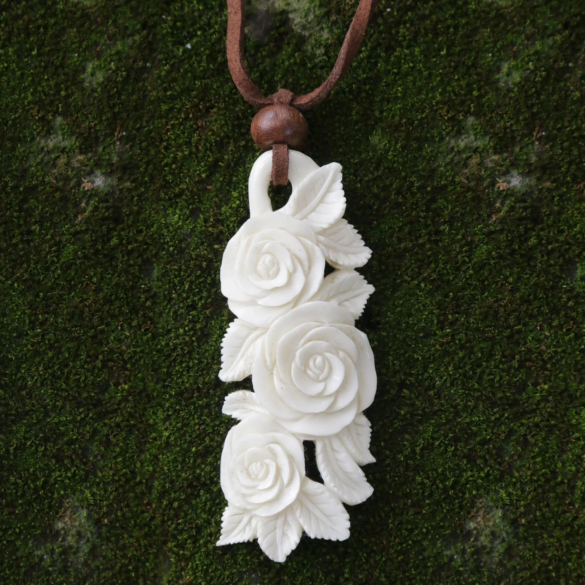 Rose Bouquet Carved Cow Bone Flower Necklace - Image 3